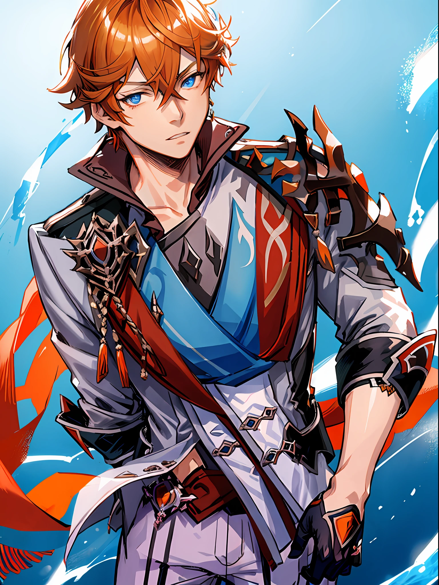 Masterpiece, best quality, tartaglia (genshin impact), gloves, mask, male focus, 1boy, blue eyes, black gloves, solo, orange hair, bangs, water, jacket, hair between the eyes, jewelry, scarf,