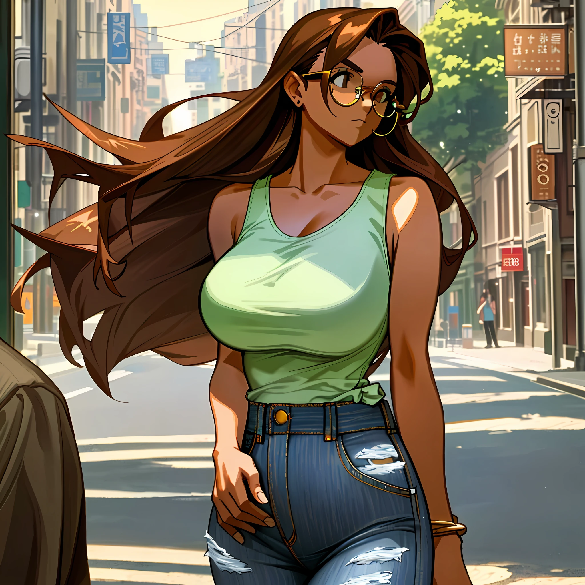 (masterpiece, best quality), street shot in the evening with 1 woman, long brown hair and large breasts, dressed in a white tank top with a large neckline and jeans, glasses on the face, waist view.