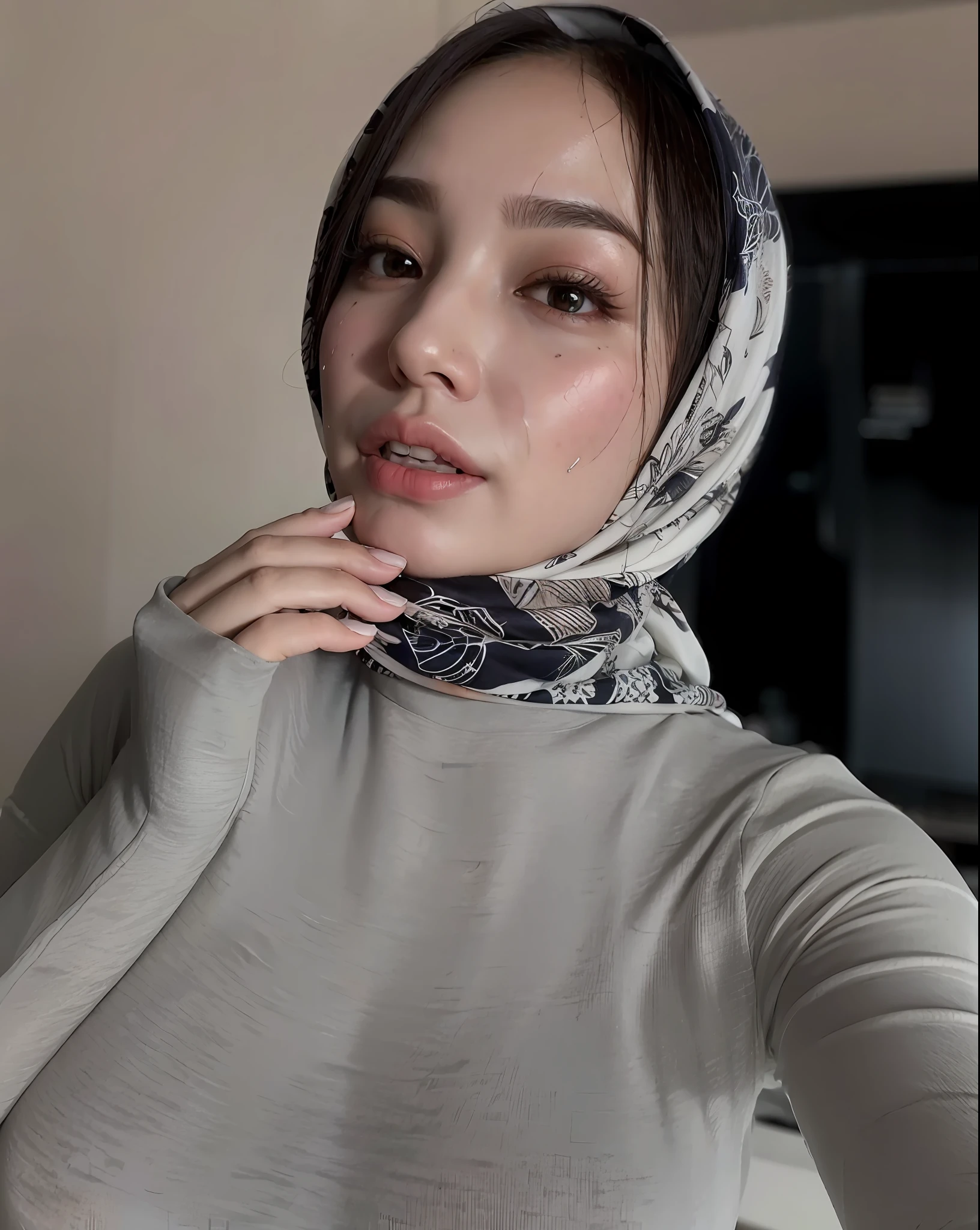 arafed woman wearing a scarf and a gray shirt, pale-skinned persian girl, 🤤 girl portrait, hijab, scarf, beautiful iranian woman, dilraba dilmurat, anna nikonova aka newmilky, gorgeous lady, casual pose, white hijab, instagram model, khyzyl saleem, 18 years old, sexy face, perfect face ), (((((large breast))))), smile, (((sweating)))