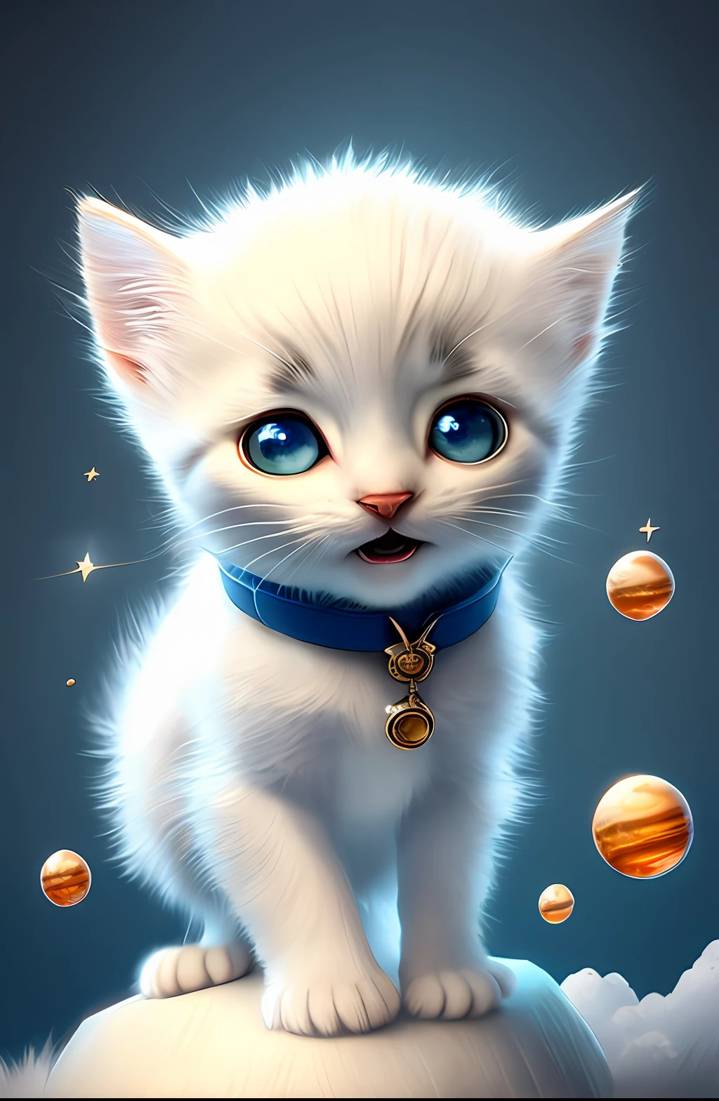 Pixar style, 3D, cute and cute white-haired kitten Superman, big eyes, laughter, excitement, floating in space, Jean-Baptiste Monge, anthropomorphic, dramatic lighting