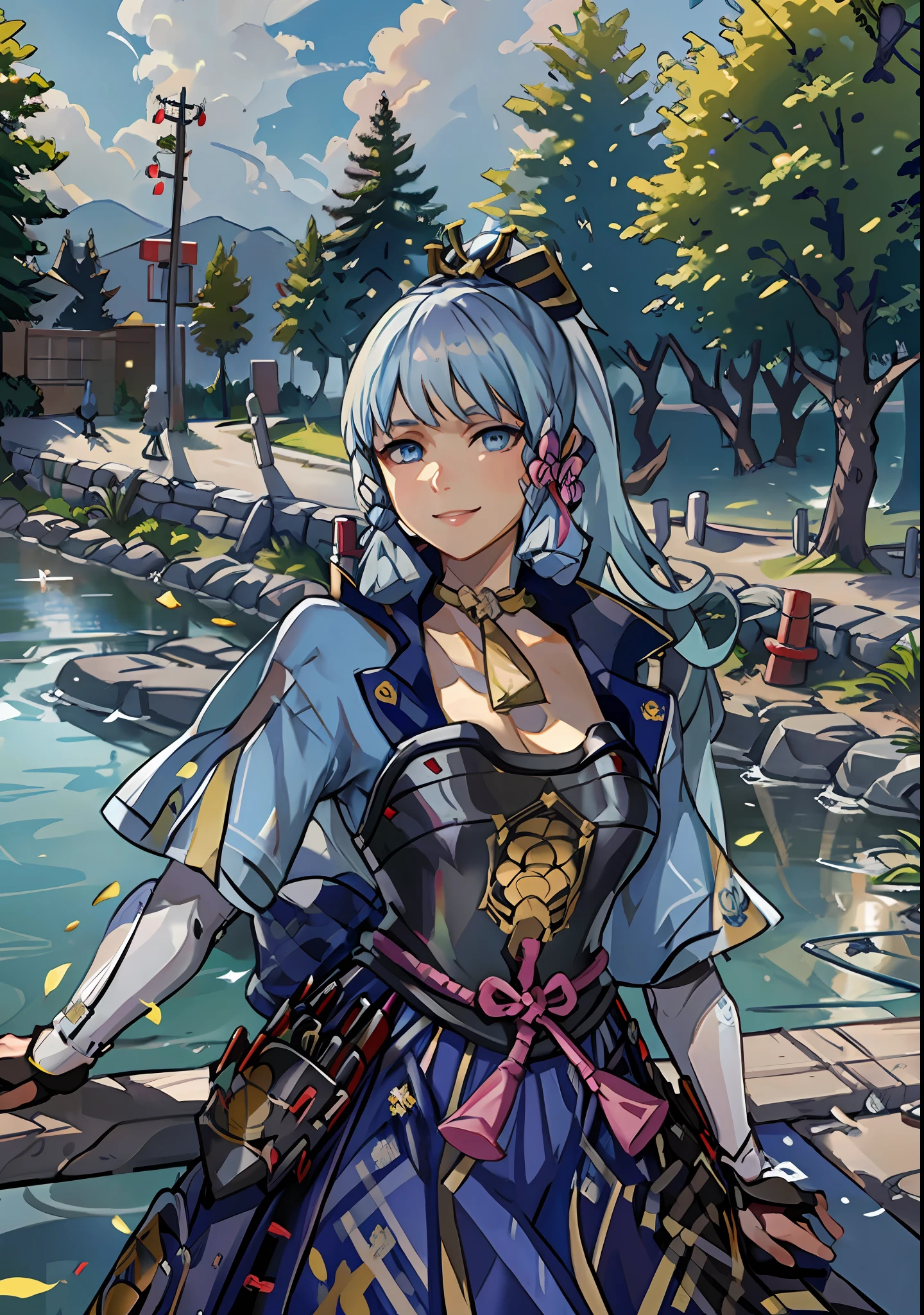 (masterpiece), (best quality), (ultra detailed),(disheveled hair),(illustration), (1girl), standing, smiling, beautiful detailed eyes, light blue eyes, detailed beautiful face, (kamisato ayaka: 1.2), focus on face,  ponytail, kamisato ayaka(genshin impact), light blue hair, detailed hair, bangs, best lighting, best shadow, highly detailed, vibrant