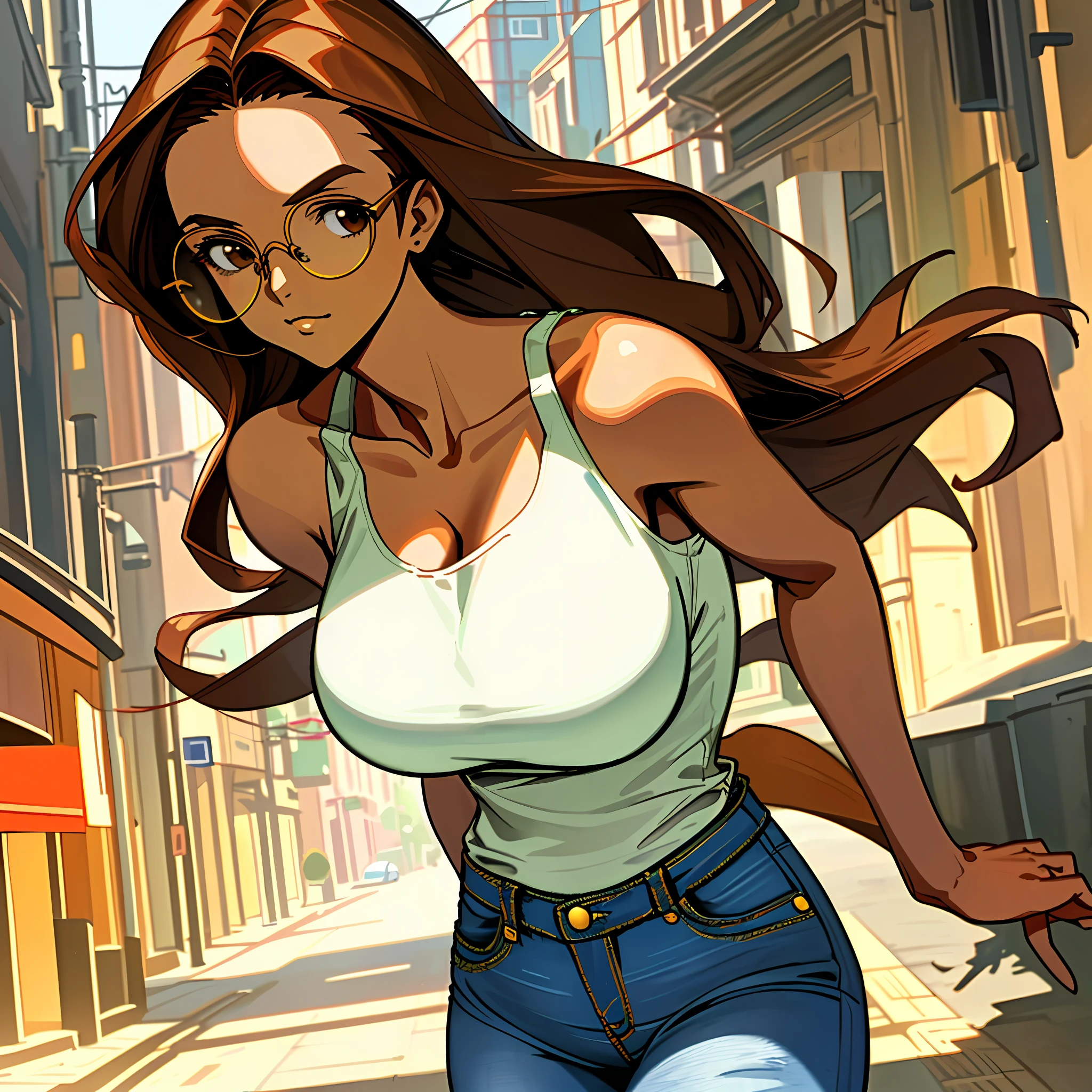 (masterpiece, best quality), street shot in the evening with 1 woman, long brown hair and large breasts, dressed in a white tank top with a large neckline and jeans, glasses on the face, waist view.