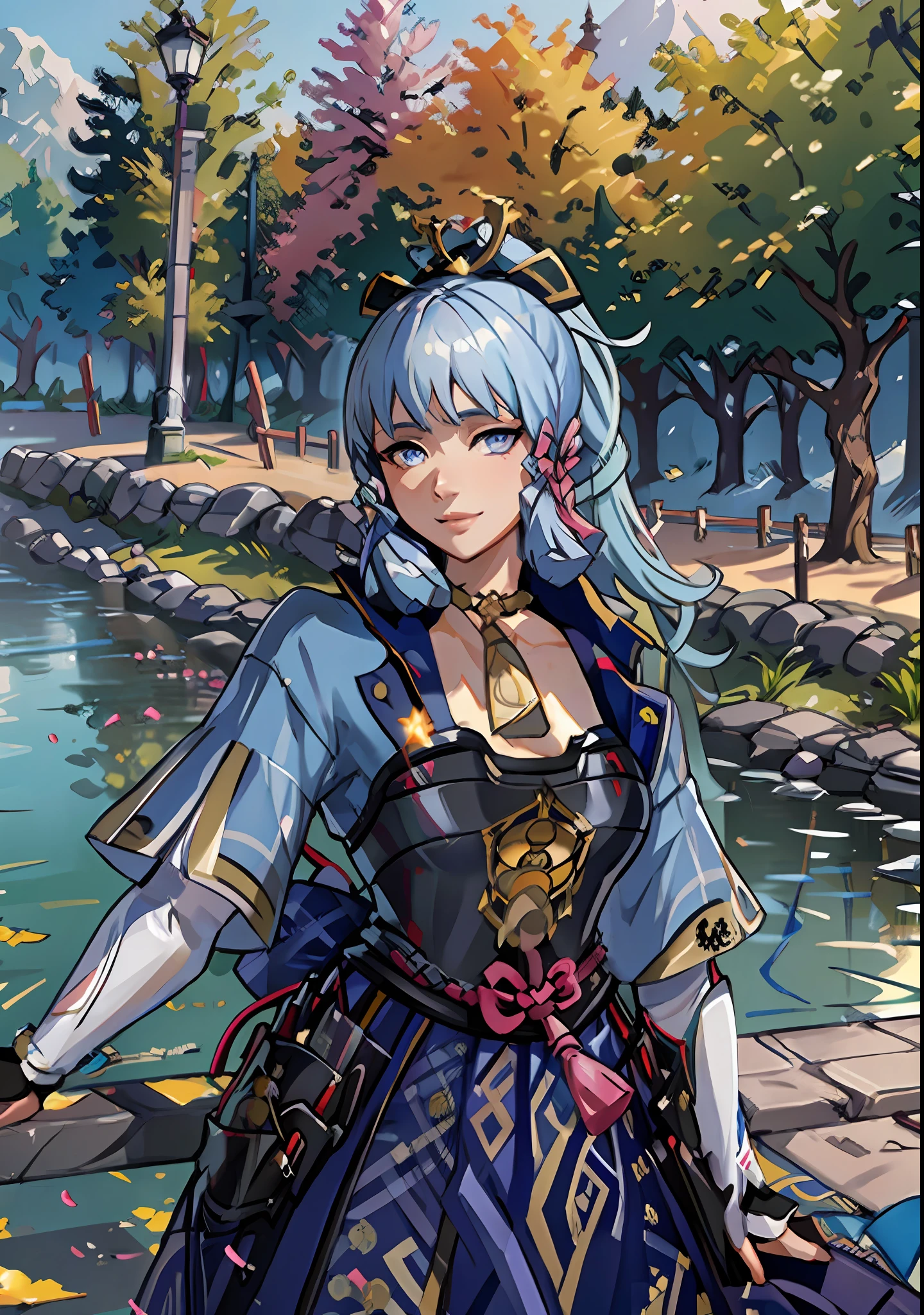 (masterpiece), (best quality), (ultra detailed),(disheveled hair),(illustration), (1girl), standing, smiling, beautiful detailed eyes, light blue eyes, detailed beautiful face, (kamisato ayaka: 1.2), focus on face, ponytail, kamisato ayaka(genshin impact), light blue hair, detailed hair, bangs, best lighting, best shadow, highly detailed, vibrant