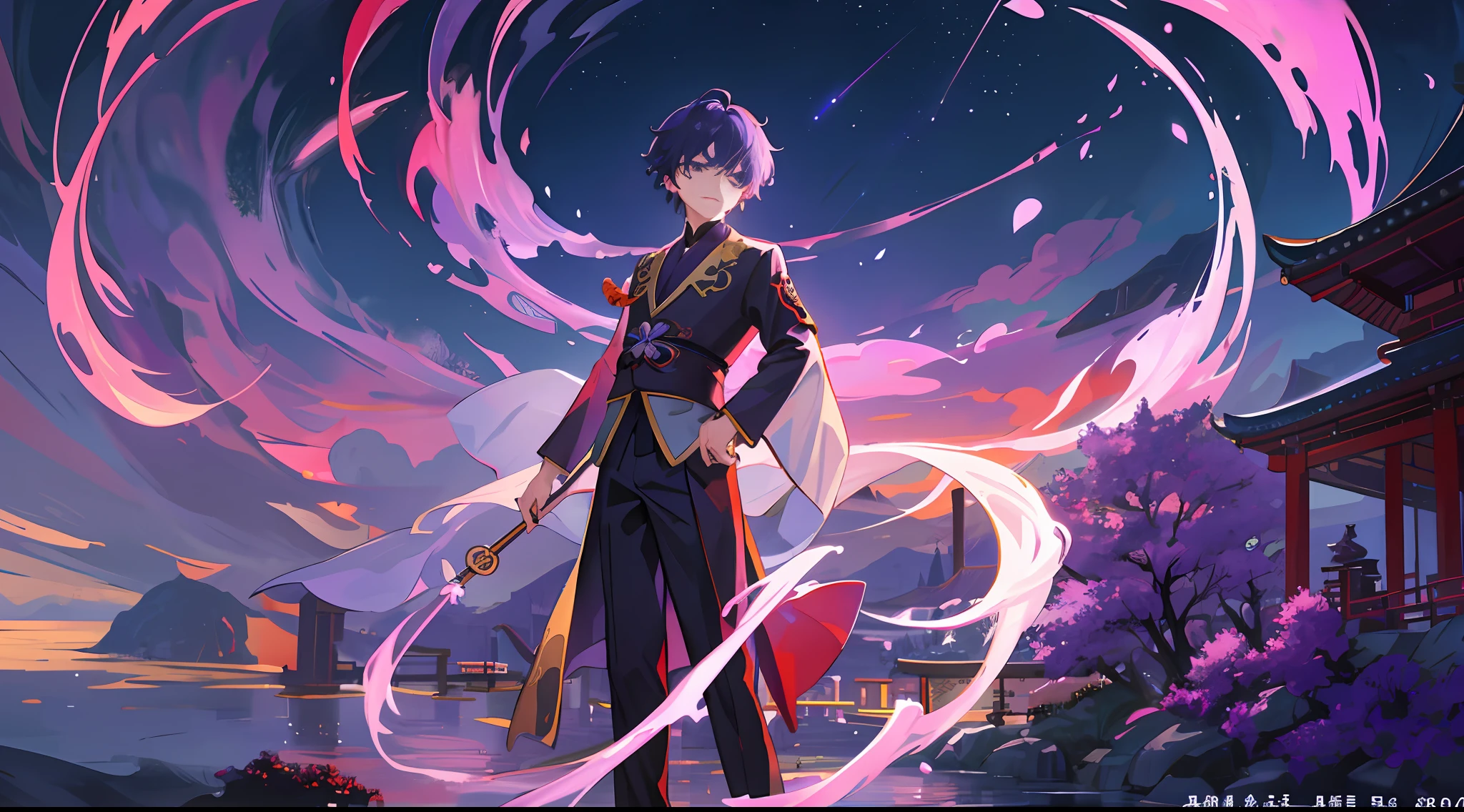 Little Boy, Big Eyes, Solo, Full Body, Male Focus, Detail Face, Purple Clothes, Chinese Costume, Purple Dao Robe, Taoist Temple Architecture, Landscape, Moon, Sky, Waterfall, Outdoor, Masterpiece, Top Quality, Best Quality, Official Art, Beauty and Aesthetics, Animation, Version,)