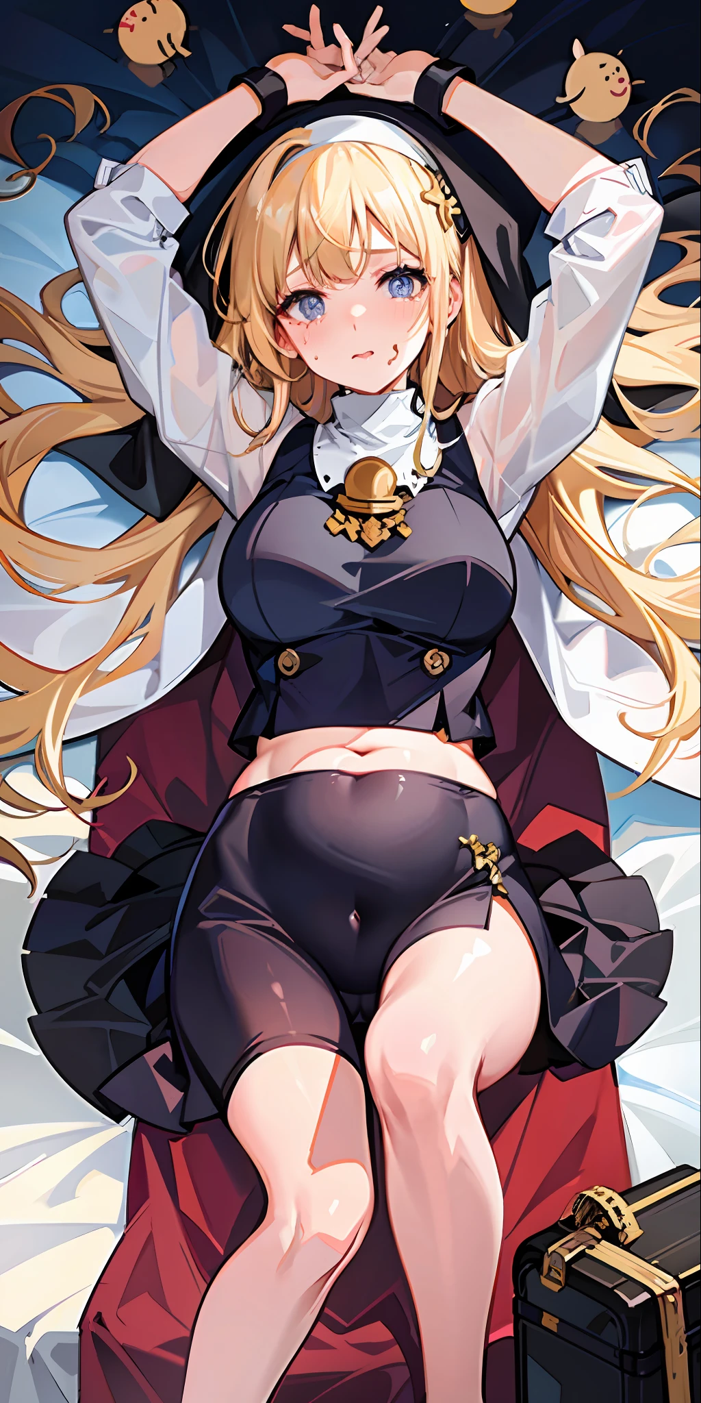 Adult female, British, blonde hair, (navel: 1.2), (crop top: 1.5), tears, (pregnancy: 1.5), nun, (tired: 1.1), messy hair, (heavy breathing: 1.1), tongue sticking, (saliva: 1.3), flushing, (pain: 1.3), from above, open arms, bed, messy clothes, sexual expression