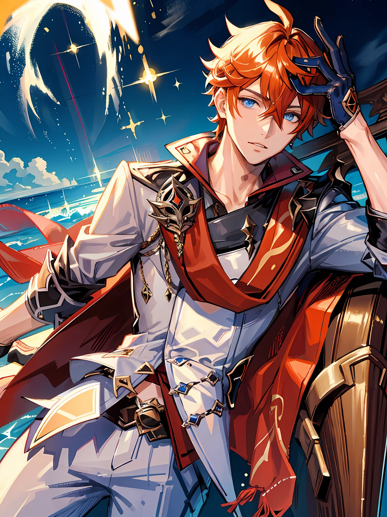 Masterpiece, best quality, tartaglia (genshin impact), gloves, mask, male focus, 1boy, blue eyes, black gloves, solo, orange hair, bangs, water, jacket, hair between the eyes, jewelry, scarf,