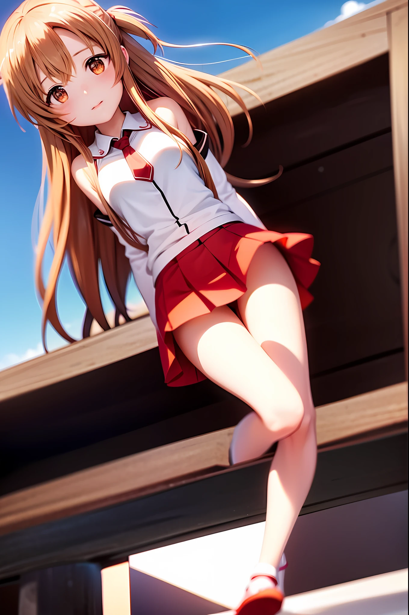 Asuna Yuuki, red skirt, black thighhighs, shiny skin, schoolgirl