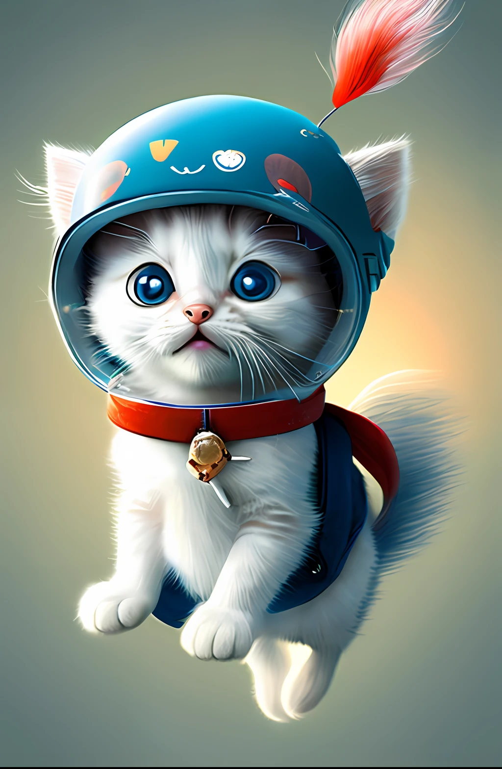Pixar style, 3D, cute and cute white-haired kitten Superman, big eyes, laughter, excitement, floating in space, Jean-Baptiste Monge, anthropomorphic, dramatic lighting