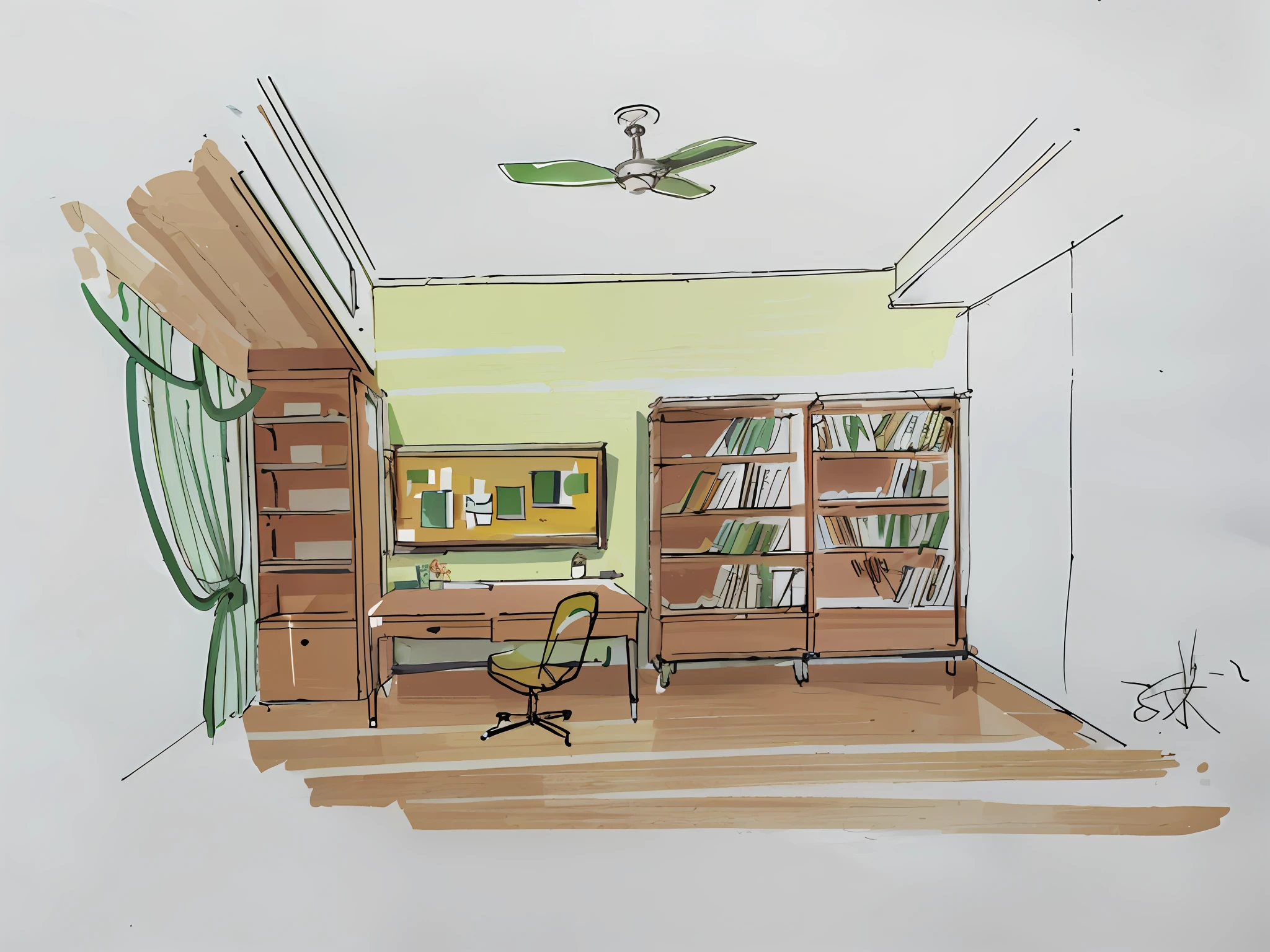 drawing of a drawing of a room with a desk and a fan, small library, an interior of room, inspired by Reinier Nooms, full color illustration, yellow and green scheme, apartment of an art student, drawn on paper, dusty library, elegant study, colored sketch, library, interior of a small room, studyng in bedroom, concept drawing