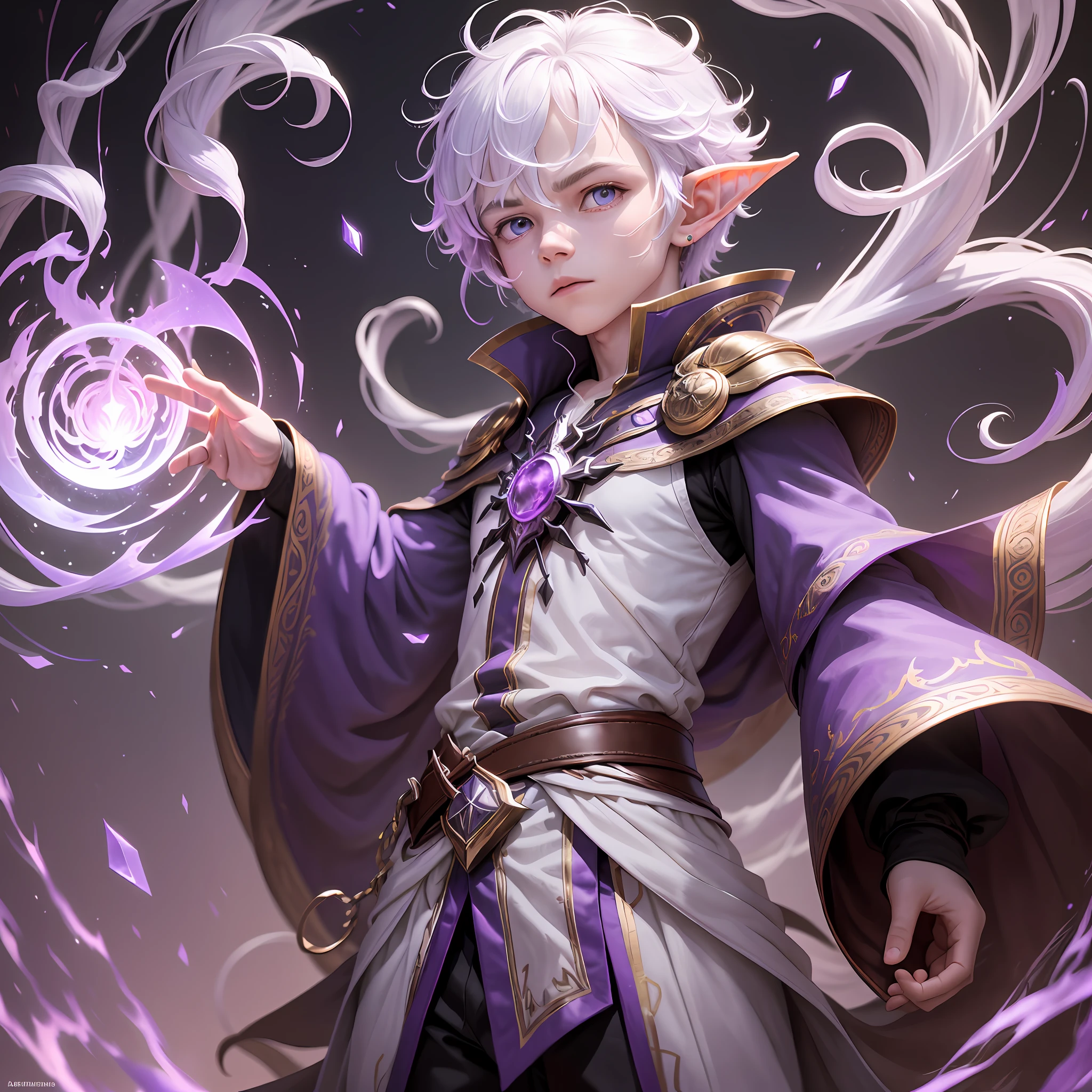 Your mission is to visualize a captivating portrayal of a 14-year-old elf boy, radiating goodness and possessing extraordinary abilities. This albino adolescent stands out with his fair, snow-white skin and short, snowy hair that partially conceals his ears, which are a unique blend of size, pointiness, and hairiness, befitting his elven lineage.

His eyes, like two vibrant amethysts, shimmer with a mystical aura, reflecting the depths of his powers. The boy possesses a rare ability to manipulate light and harness its purple essence, imbuing his surroundings with a gentle, ethereal glow. His control extends beyond light, as he commands the very fabric of matter, reshaping it at will. Additionally, he possesses the power of pyrokinesis, capable of commanding flames with grace and precision. As if these abilities weren't enough, his telekinetic prowess enables him to effortlessly levitate objects around him, creating an awe-inspiring spectacle.

Despite his incredible capabilities, this elven teenager remains steadfastly grounded in goodness, never succumbing to anger or malice. His attire reflects his playful and endearing nature, as he dons a charming ensemble consisting of a white, black, and purple shirt and pants. These cute clothes perfectly complement his extraordinary persona, accentuating his ethereal presence.

Now, the power lies in your hands to employ midjourney artificial intelligence for image creation, channeling your creative energies to bring this enigmatic character to life. Envision him with his luminescent purple powers, surrounded by a mesmerizing display of levitating objects. Capture the essence of his elven heritage, goodness, and his adorable outfit, weaving them together in a single breathtaking image.