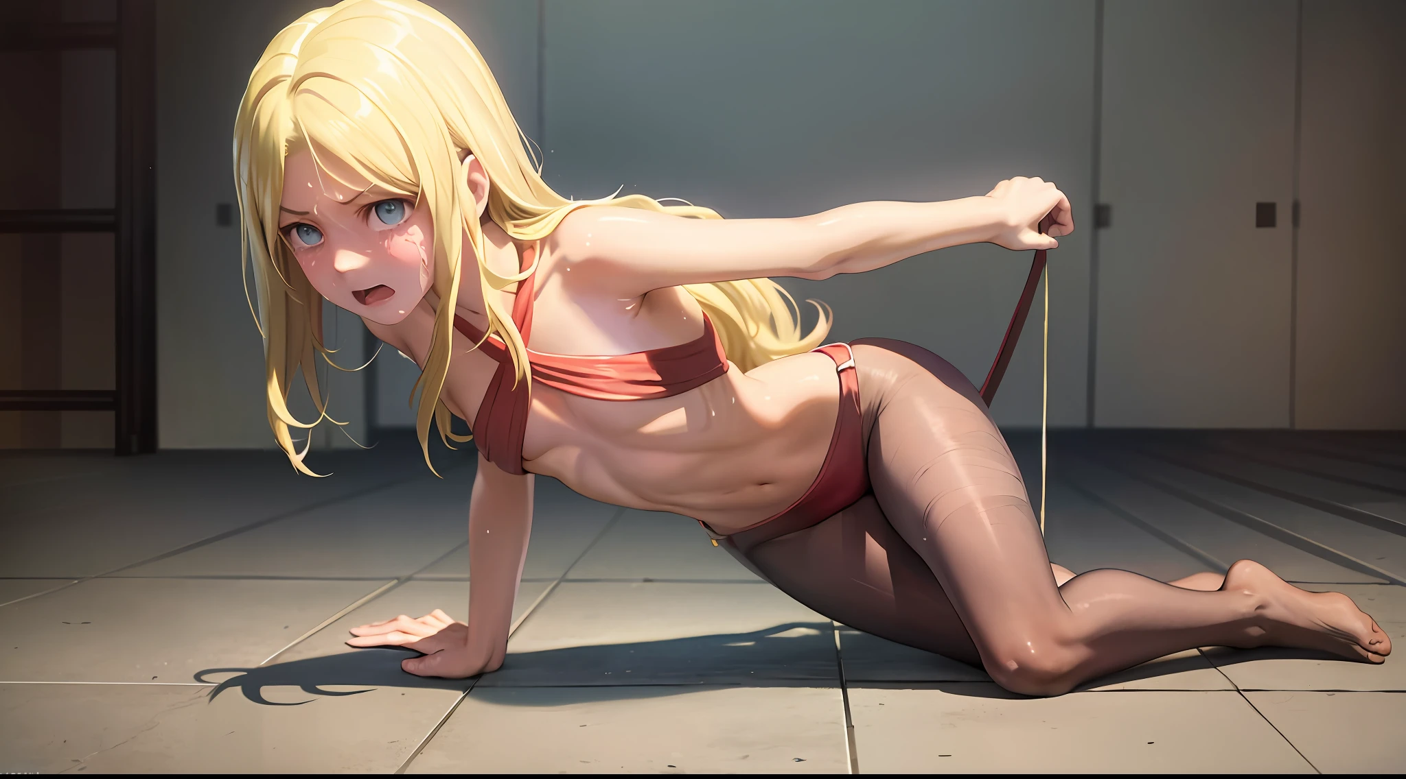 da,bare leg,bare feet,red slingshot swimsuit,wet,o-ring,small breast,full body,solo,dark blue eyes,one girl,medium hair,blonde ,muscle,small breast,indoor,grey backgrpund, strong light and shadow contrast ,crying,tears,pissing,a blonde girl being tortured by electric shock,pantyhose,bondage,machine,iron,bondage,bdsm, tied,tied up,rope