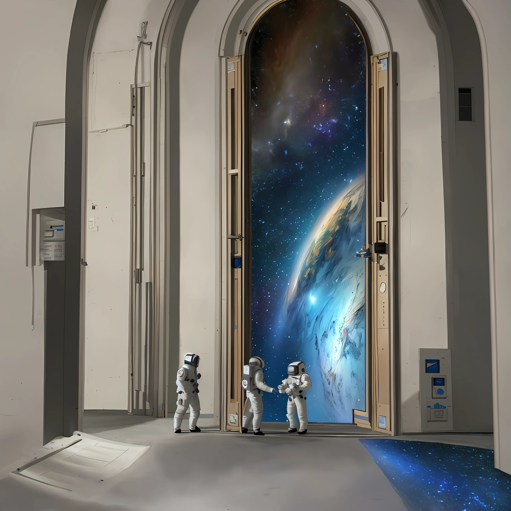 (masterpiece), best image quality, high detail, high resolution, astronauts standing in front of the door, outside the door is the universe of stars