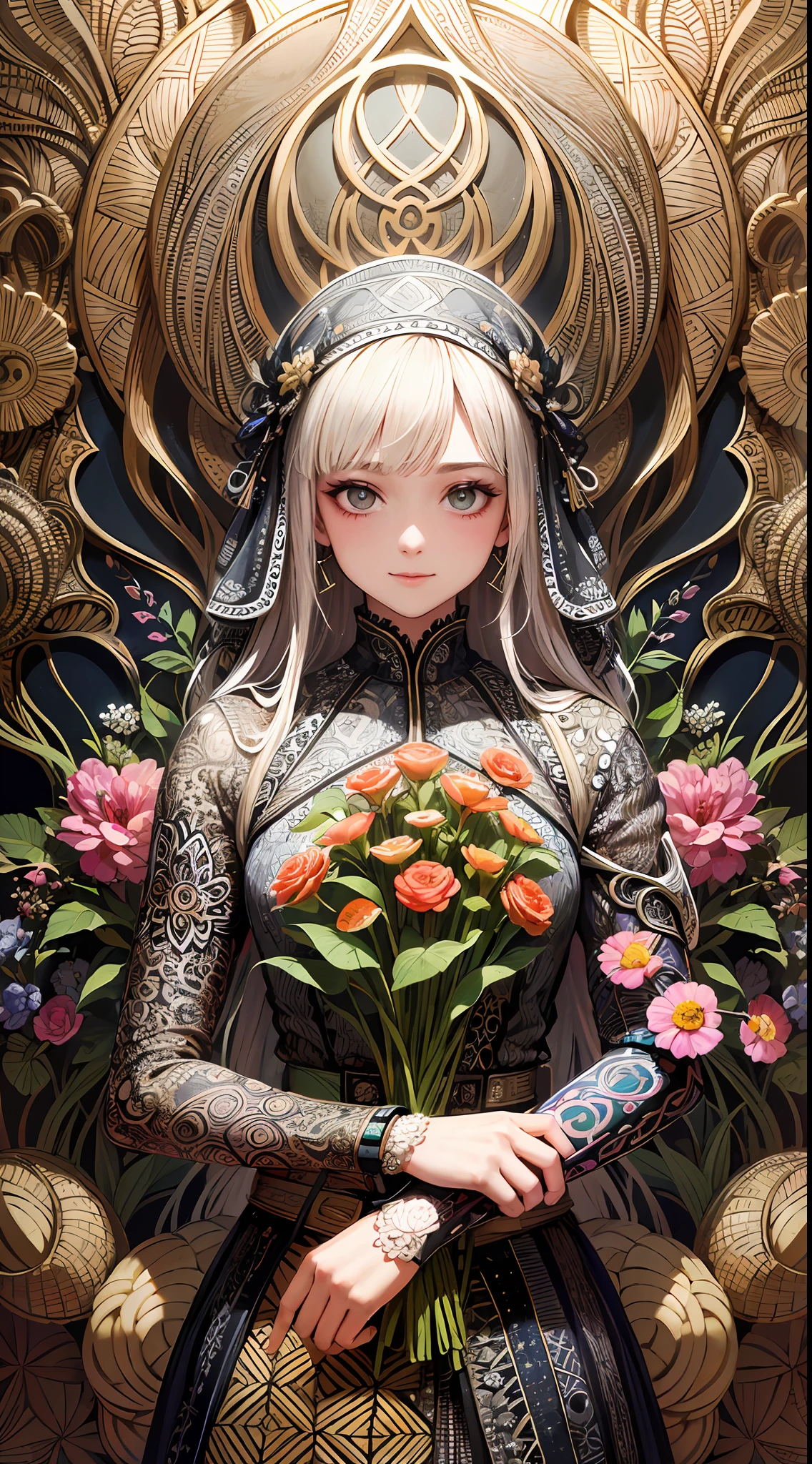 absurdres, highres, ultra detailed, (ultra-detailed background, detailed background), extremly detailed, 1girl, bunch of flowers, (zentangle:1.2), (geometric:1.2),