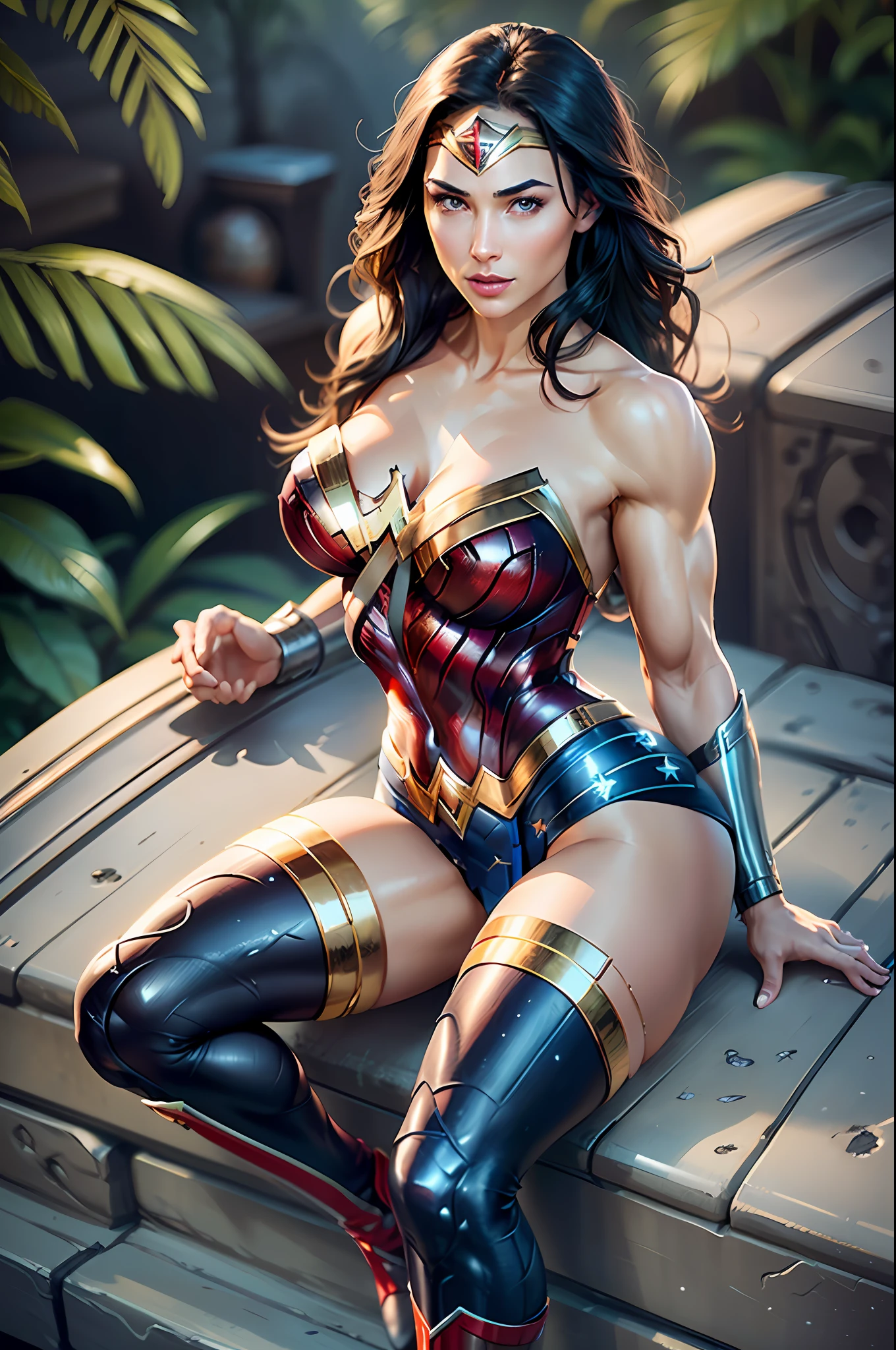 ((Best Quality)), (8k, RAW Photo, Best Quality, Masterpiece:1.2), (Realistic, Realistic: 1.4), 1 Girl, Single, Solo, (Victoria's Secret Model Wonder Woman), Wonder Woman sitting on jeep car bonnet, arms crossed, (from above:1.3), (skinindentation), (Intricate Details, Makeup), (Delicate and Beautiful Delicate Face, Delicate and Beautiful Delicate Eyes, Face with Perfect Proportions), (Realistic Moist Skin: 1.0), wet, High-detail skin, delicate skin,  Best Proportions Four fingers and one thumb, arms below the chest, strong and realistic blue eyes, realistic black hair, lips, makeup, natural skin texture, tiara, leotard, bulletproof cuffs, red boots, (public clothing: 1.3), slightly sunburned skin tone, mature, sexy, elastic muscles, (muscles: 1.2), ((strong and healthy body)), (((more) muscles))), long legs, curves, thick thighs, wide buttocks, thin legs, (big breasts:  1.2), thin waist, soft waist, (delicate skin), (beautiful and sexy woman), (swollen lips: 0.9), (eyelashes: 1.2), very delicate muscle definition, ultra-detail, cinematic, warm lighting, photon mapping, radiocity, physical based lending, rainforest background,