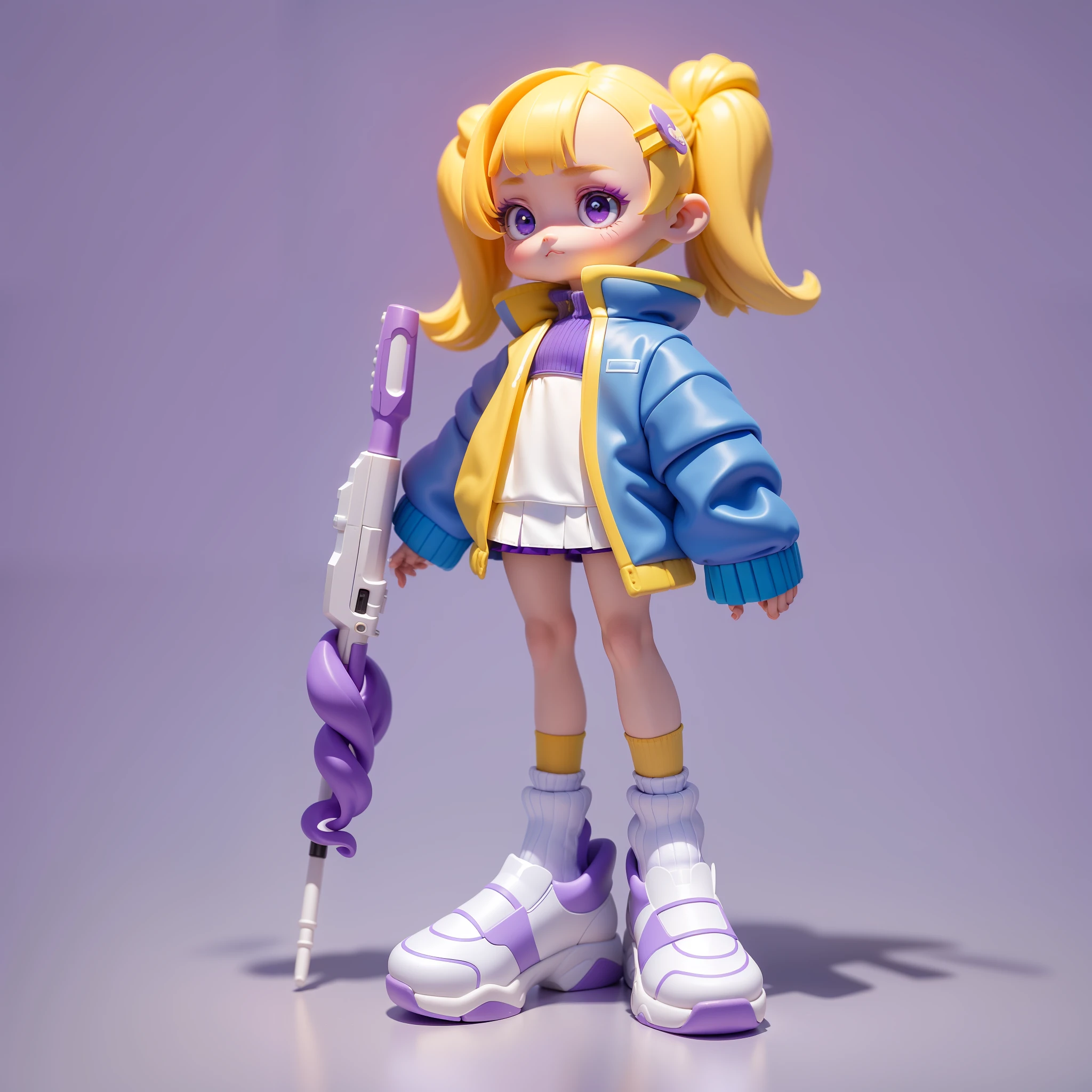 Blind Box toy style, a cute little girl with yellow hair, double ponytail, white headdress, purple eyes, stylish lilac coat, a blue high-tech shotgun in her right hand, natural drooping left hand, long legs, piled socks, threaded white socks, stylish lilac sneakers