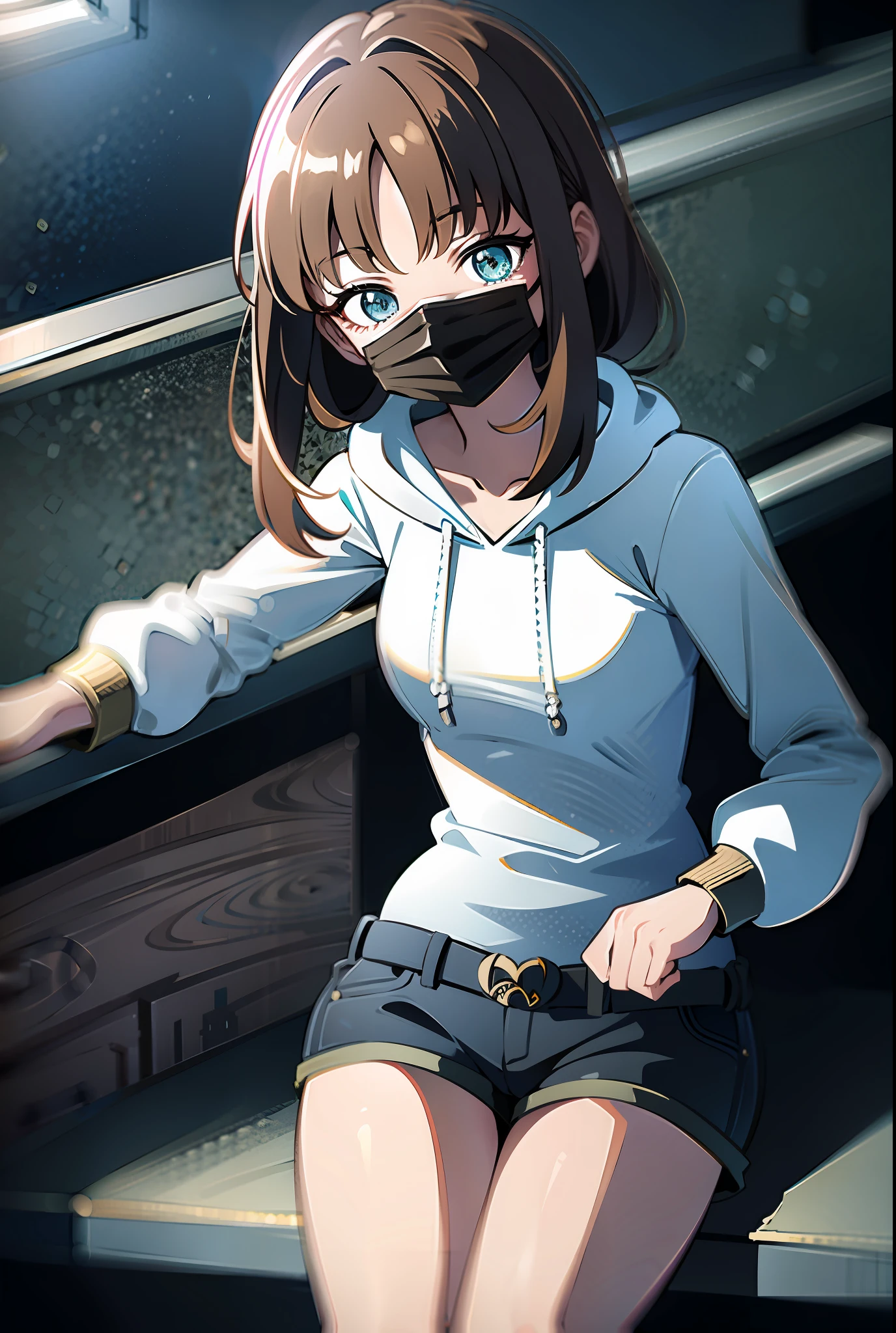 Nilou, (((8k)))), ((highres)), white hoodie, shorts, mask, park background
