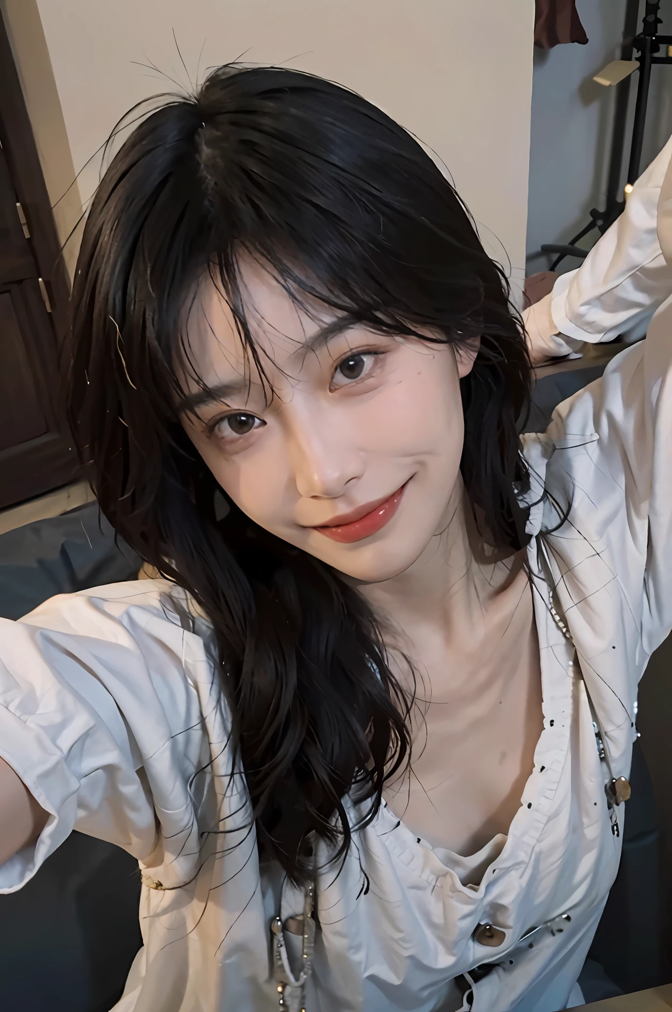 8K, Best Quality, Masterpiece, Ultra High Resolution, (Realism: 1.4), Original Photo, (True Skin Texture: 1.3), (Film Grain: 1.3), (Selfie Angle), 1 Girl, Beautiful Eyes and Face Details, Masterpiece, Best Quality, Close-up, Upper Body, Smile, Body Leaning Forward,