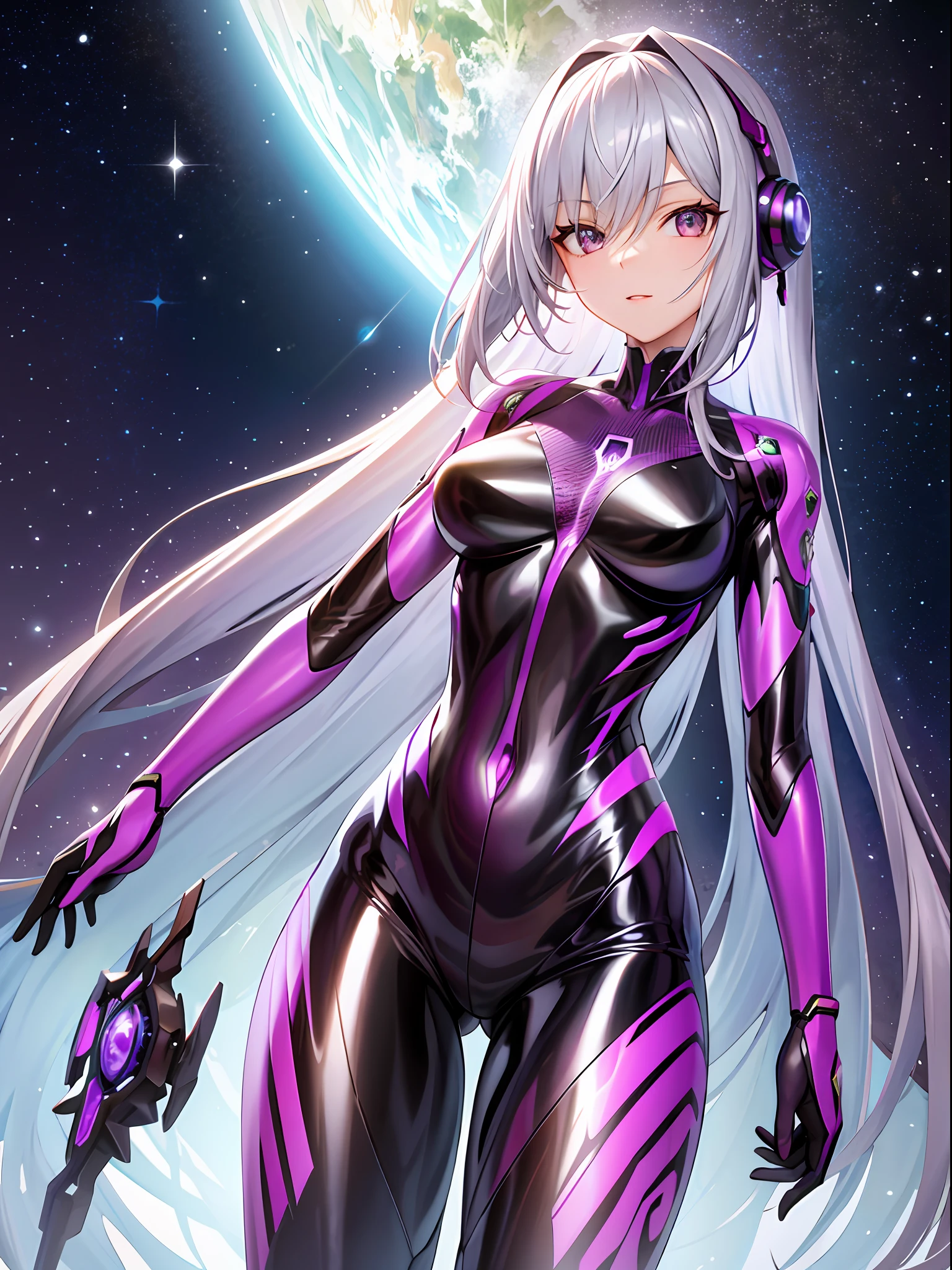 masterpiece, best quality, 1girl, translucent skin, purple bodysuit, mechanical, cowboy shot, space