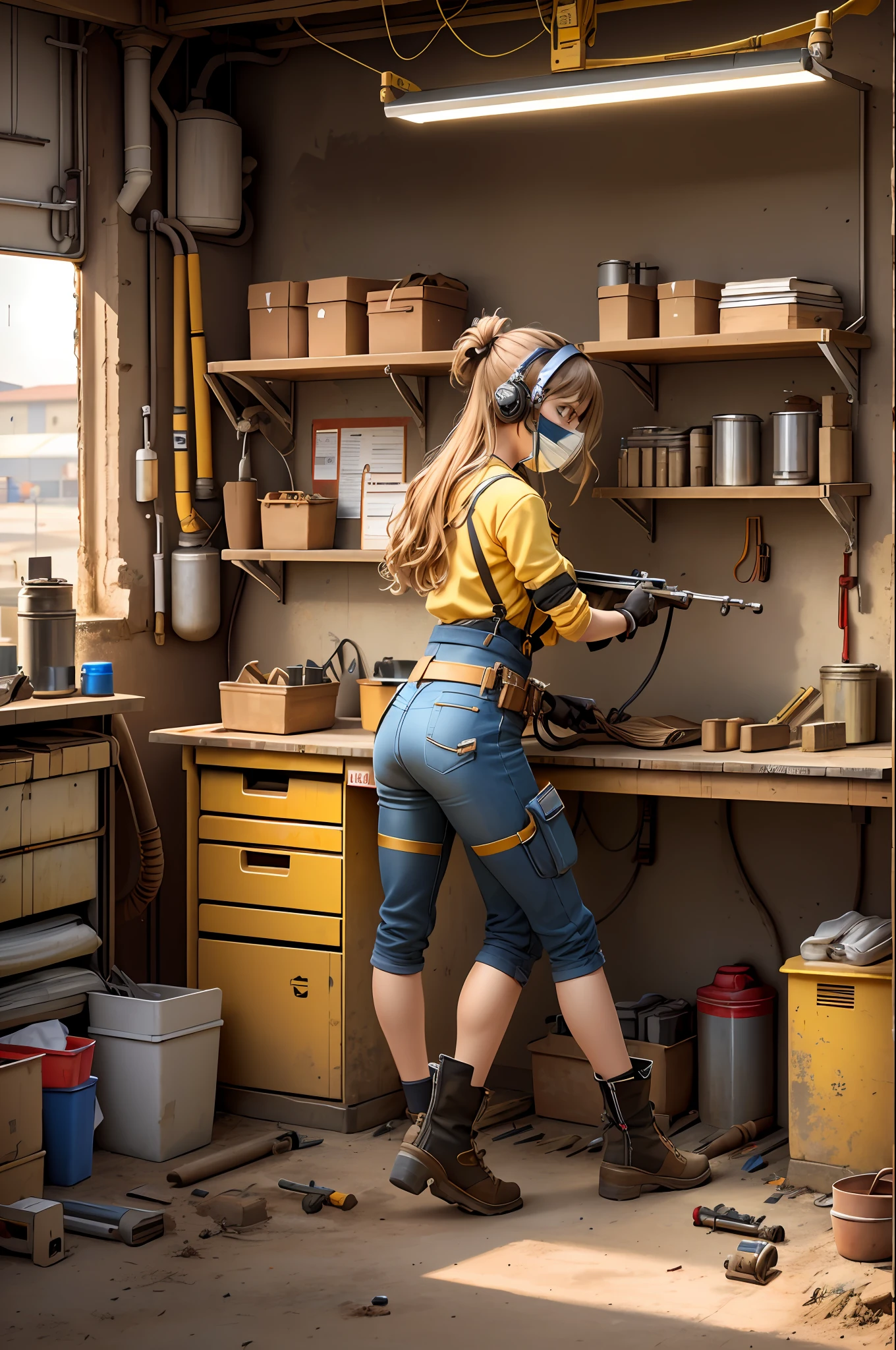 masterpiece, best quality, ultra-detailed, illustration, 1girl, solo, shiny, reflective, latex, work clothes, sexy, body, squat, detailed, work shoes, messy, workshop, industry, high heels, black, red, silver, metal, gloves, goggles, protection, equipment, machinery, tools, sparks, dirt, oil, stains, sweat, exhaust, pipes, instruments, dials, pipes, instruments, dials, buttons, levers, cables, wires, hydraulics, systems hydraulic presses, cranes, pulleys, welding, torches, grinders, drills, saws, hammers, screwdrivers, wrenches, pliers, wrenches, tool boxes Fire extinguishers, first aid kits, ventilation, pipes, lamps, emergency exits, warning signs, warning tape, posters, calendars, coffee cups, dirty, workbenches, storage compartments, shelves, dustbins, lockers, safety vests, earmuffs, masks, respirators, smoke, smoke, smoke, smoke, debris, concrete floors, concrete walls, metal beams, rivets, bolts, screws, nuts, gaskets, hooks, chains, ropes, hooks, lubricants, bearings, liquids, solvents, adhesives, lubrication, maintenance, repair, overhaul, upgrades, installation, assembly, manufacturing, customization, prototyping, research, development, testing, quality control, inspection, certification, compliance, regulations, standards, efficiency, productivity, innovation, excellence, satisfaction, teamwork, dedication, professionalism, authorization, diversity, equality, respect, safety culture, industrial fashion, sci-fi, cyberpunk, dystopia