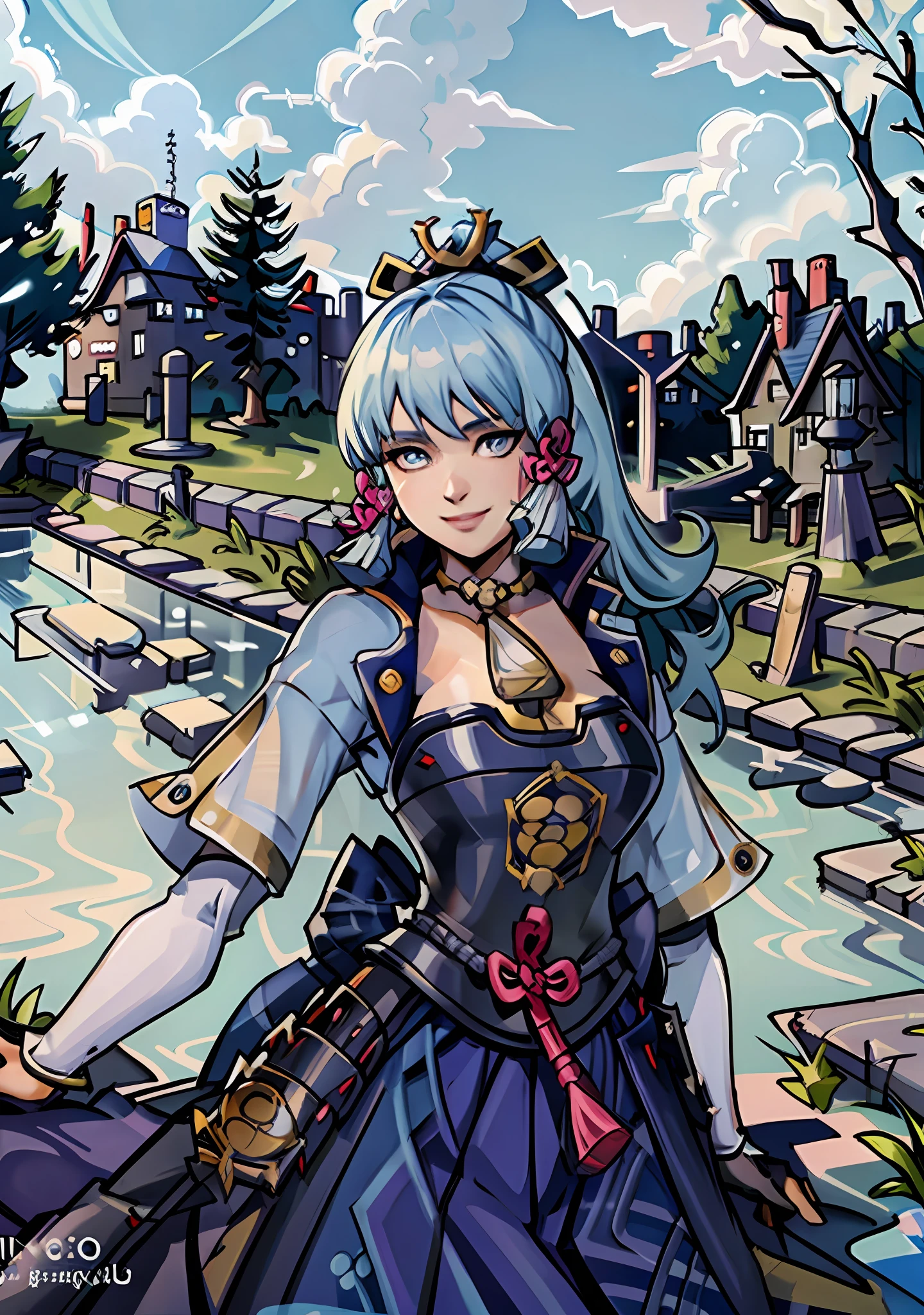 (masterpiece), (best quality), (ultra detailed),(disheveled hair),(illustration), (1girl), standing, smiling, beautiful detailed eyes, light blue eyes, detailed beautiful face, (kamisato ayaka: 1.2), focus on face,  ponytail, kamisato ayaka(genshin impact), light blue hair, detailed hair, bangs, best lighting, best shadow, highly detailed, vibrant, anime style
