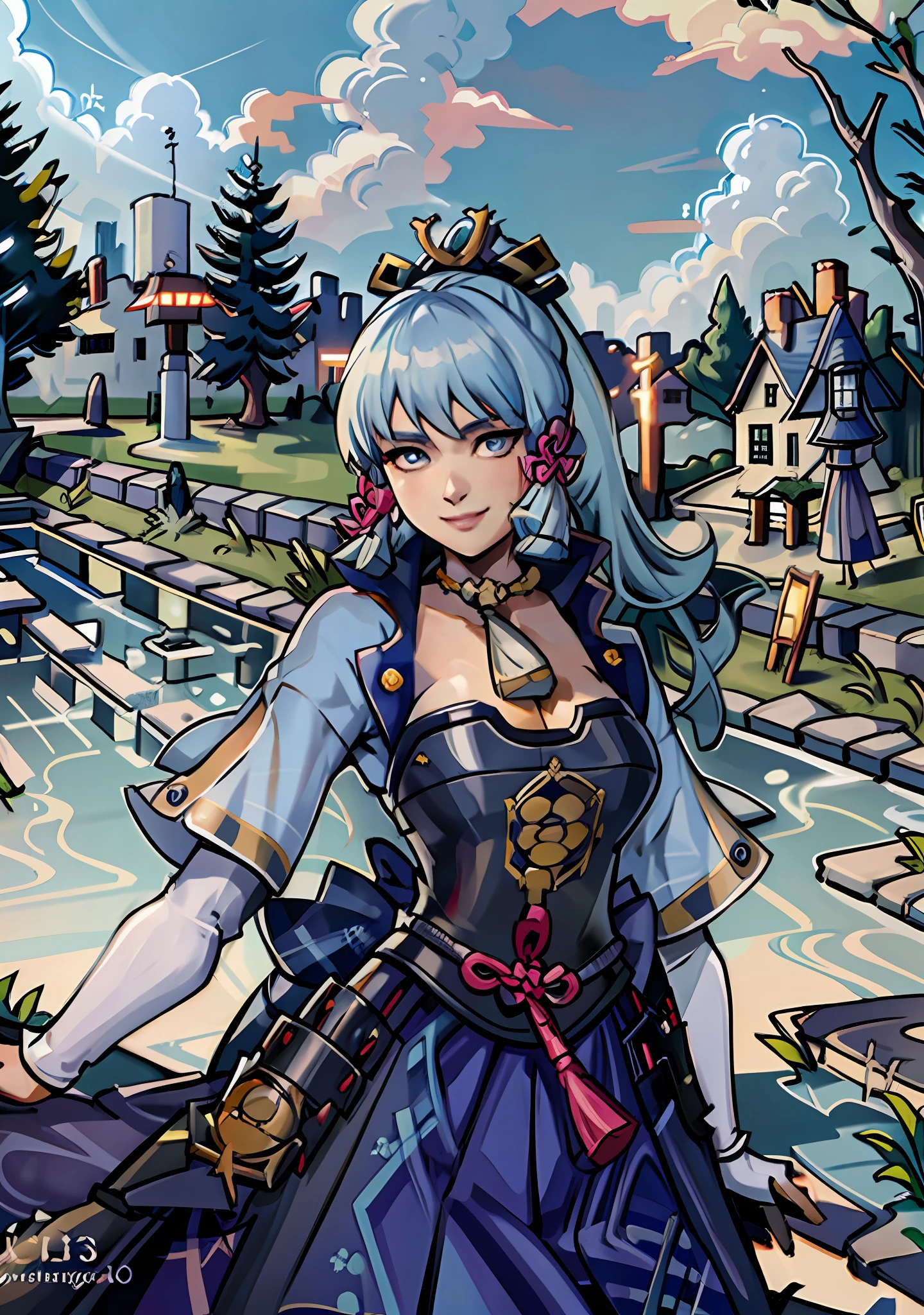 (masterpiece), (best quality), (ultra detailed),(disheveled hair),(illustration), (1girl), standing, smiling, beautiful detailed eyes, light blue eyes, detailed beautiful face, (kamisato ayaka: 1.2), focus on face,  ponytail, kamisato ayaka(genshin impact), light blue hair, detailed hair, bangs, best lighting, best shadow, highly detailed, vibrant, anime style