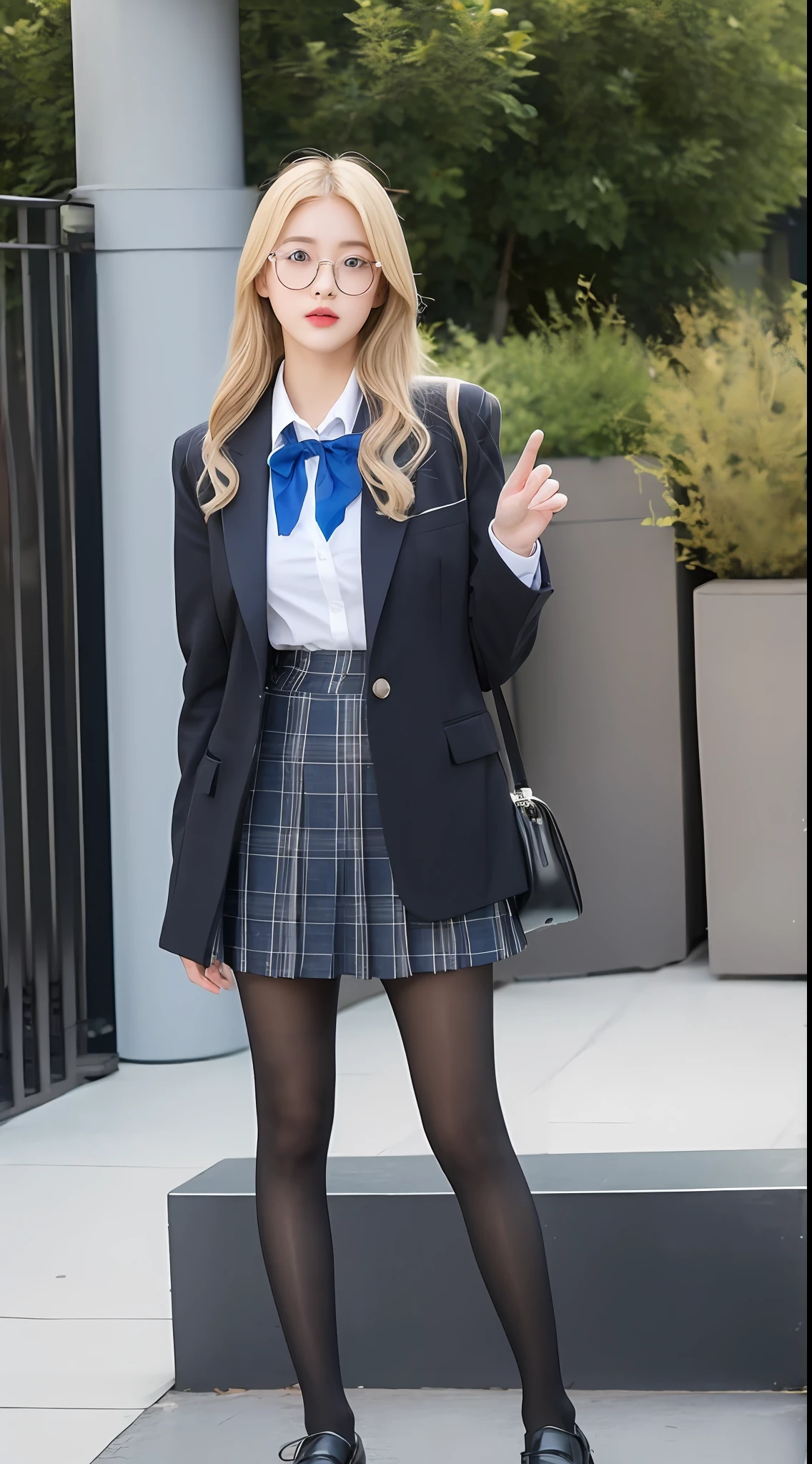 Hyohon,1girl,blue eyes,solo,rosy cheeks,thin lips,brown blazer,black skirt,pantyhose,(school uniform:1.1), (full body), (Kpop idol), (platinum blonde hair:1),breasts, black legwear, plaid, skirt, bow,polo shirt, sportswear, t-shirt, dress shirt,white shirt, bowtie, sport bra, looking at viewer,glasses case, trunk,camera,standing, glasses,