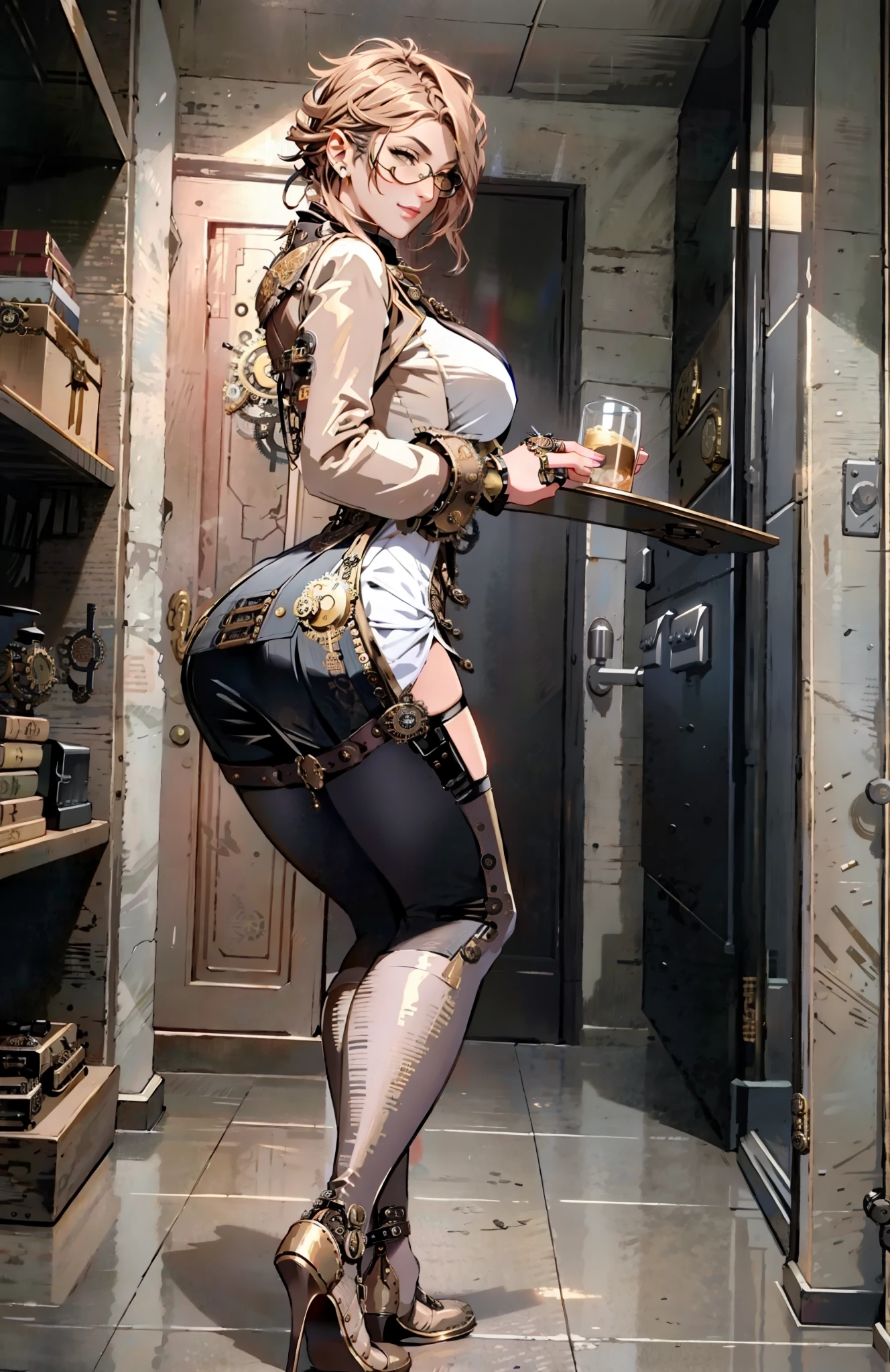 (((steampunk))), sexy woman from behind in a steampunk style, thick legs, full body picture, outfit photo, photo taken in 2 0 2 0, , wide full body, thighhighs and skirt, beautiful thick female, portrait full body, thick thighs