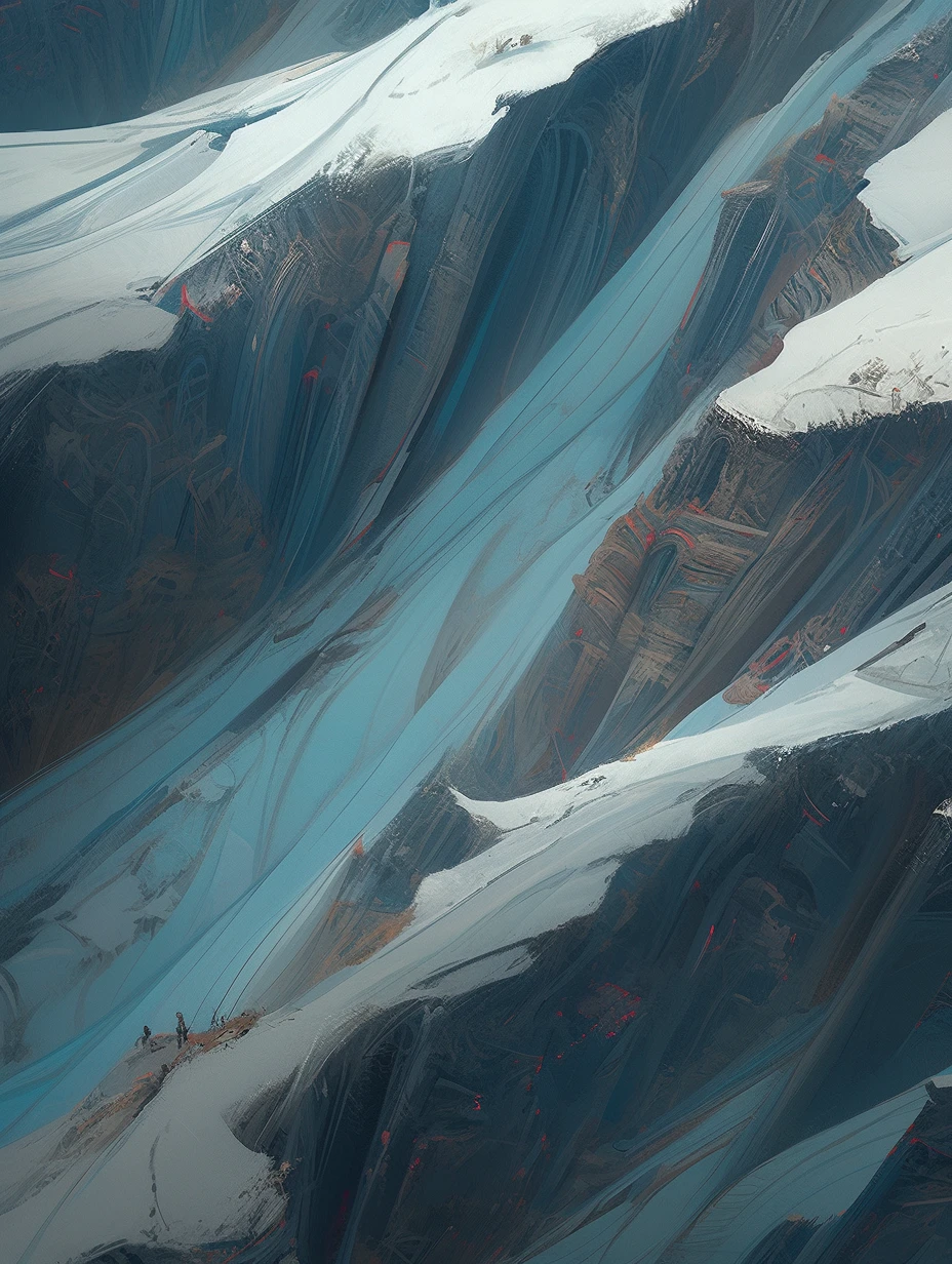 Snowy mountains, translucent glaciers, realism, top-down, surrealism, horror, masterpiece, 8K --ar 3:4 --niji 5 --style expressive