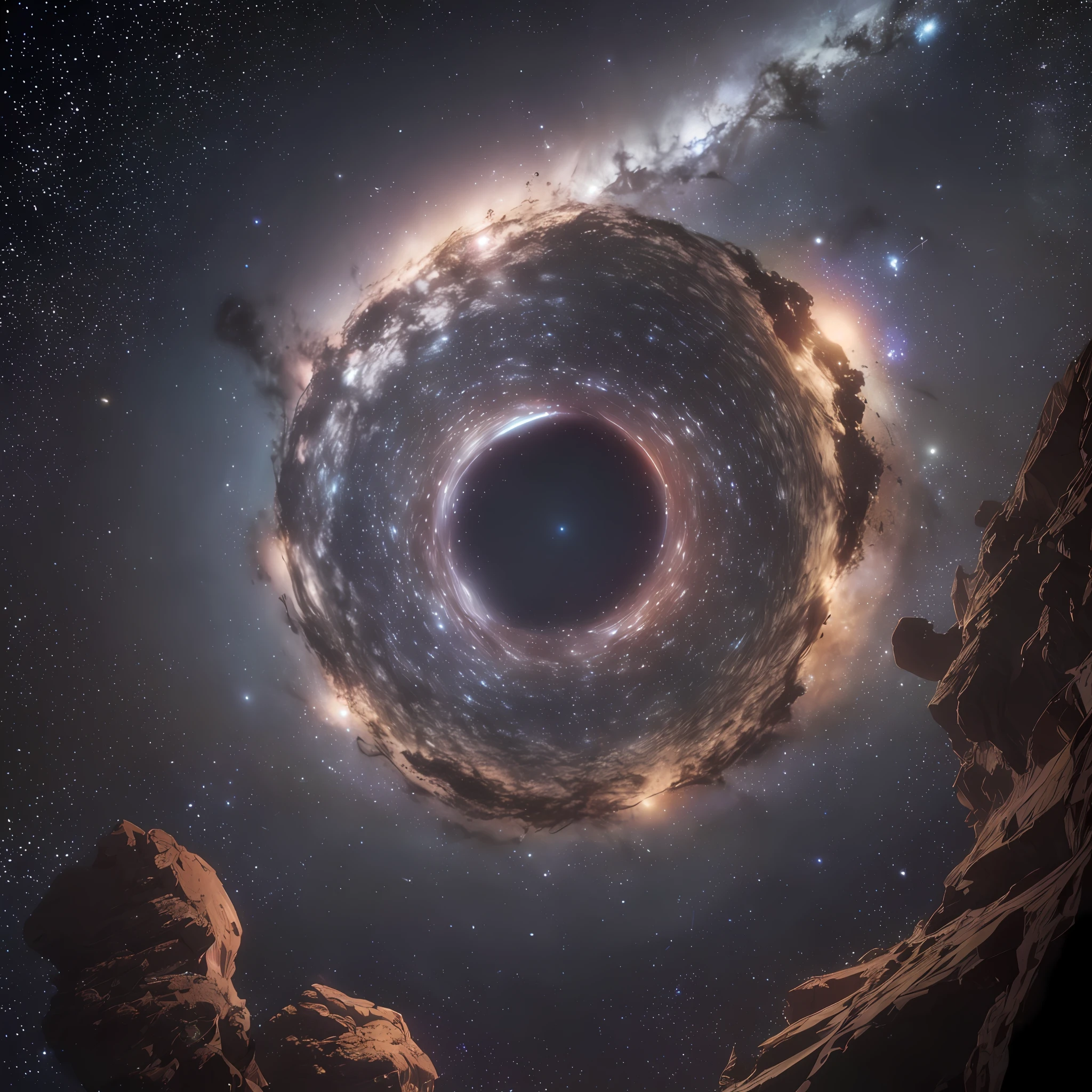 (Masterpiece, best picture quality, super detailed) In a dynamic and mysterious atmospheric space, there is a delicate and extremely beautiful black hole, which is shattered around it, floating in the background of wide-angle, long lenses and eye-catching high-saturation starry sky, which looks mysterious and dark.