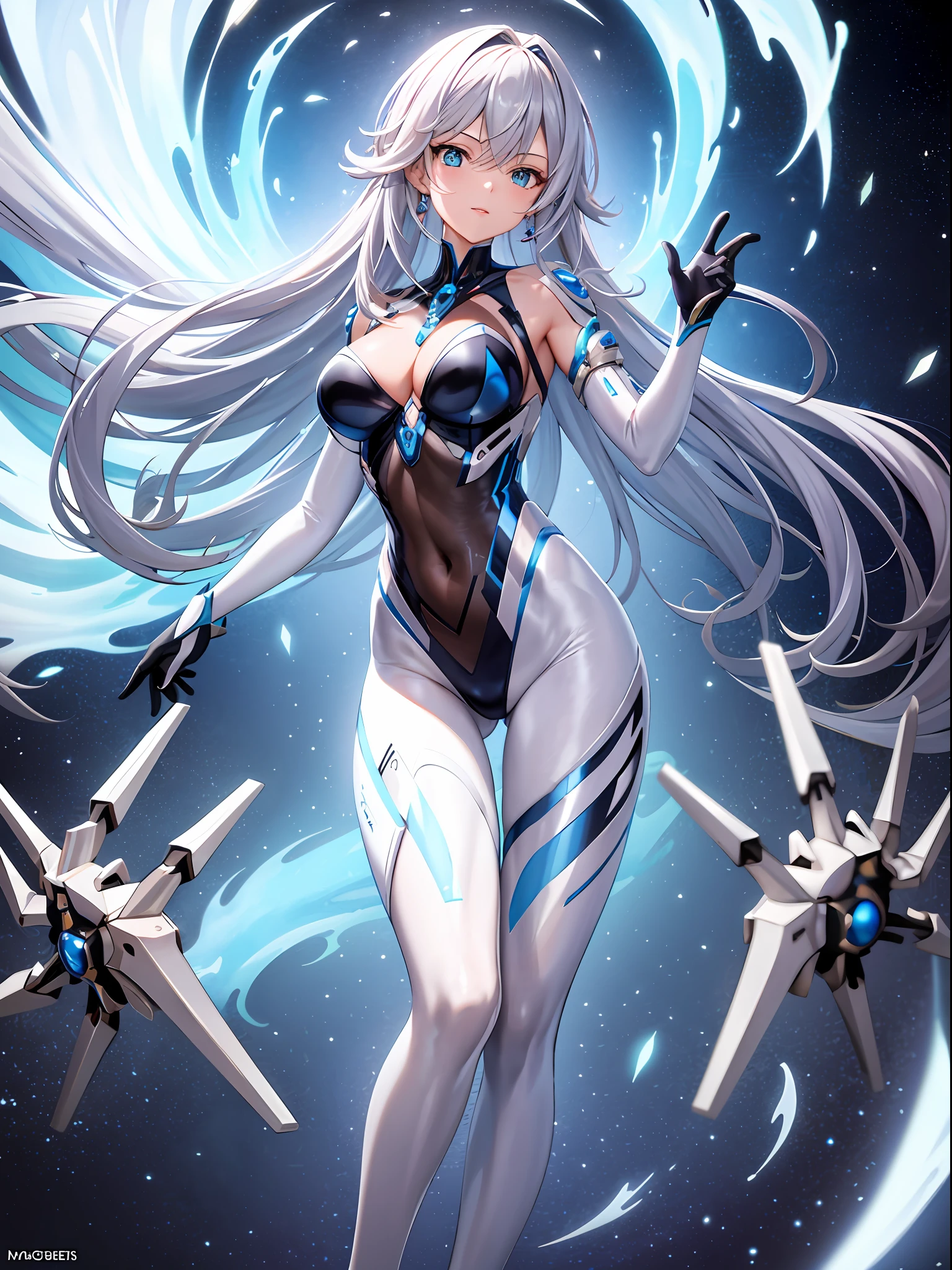 Masterpiece, best quality, 1 girl, translucent skin, light blue tights, mechanical, cinematic HD lens, space