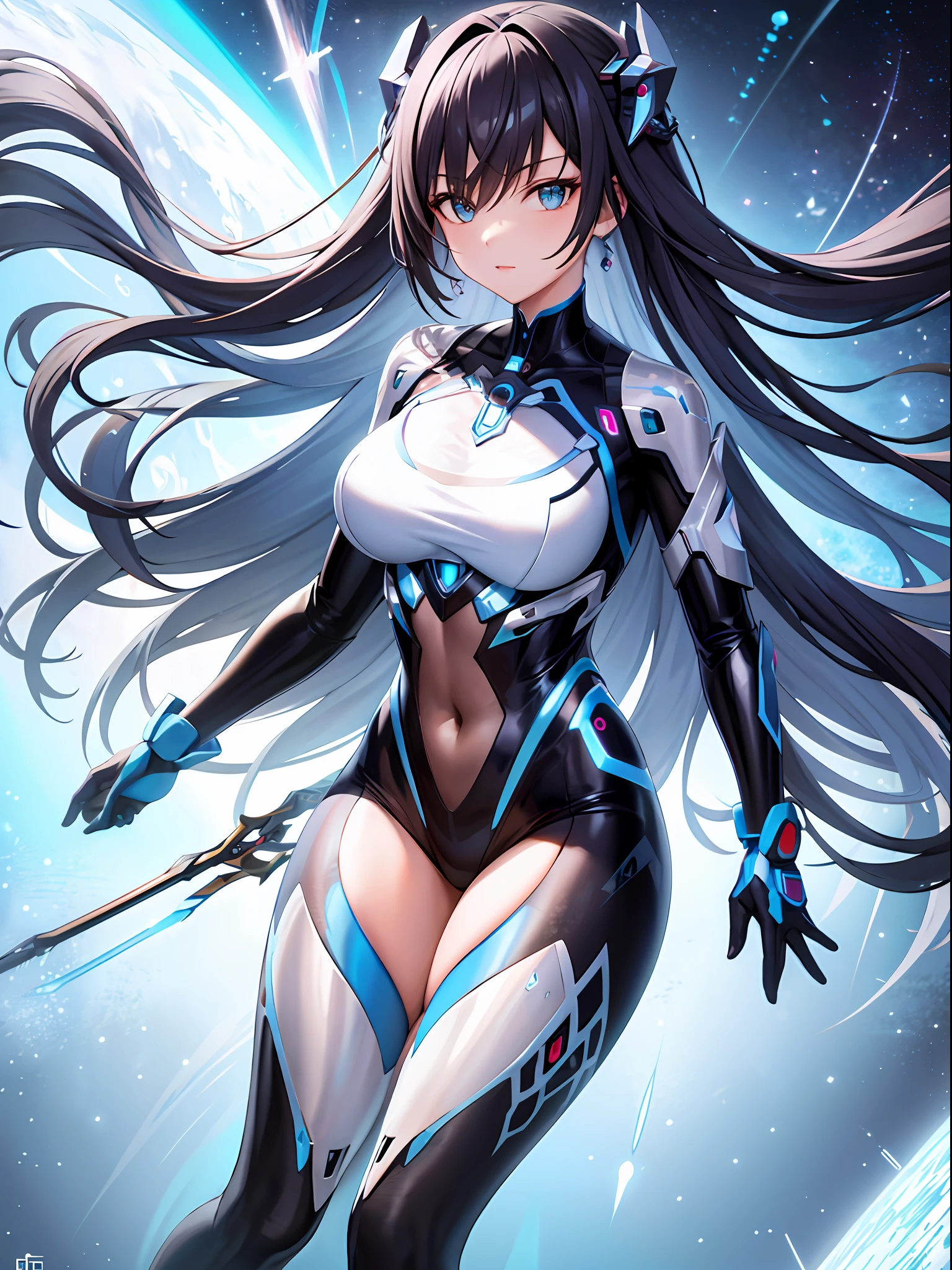 Masterpiece, best quality, 1 girl, translucent skin, light blue tights, mechanical, cinematic HD lens, space