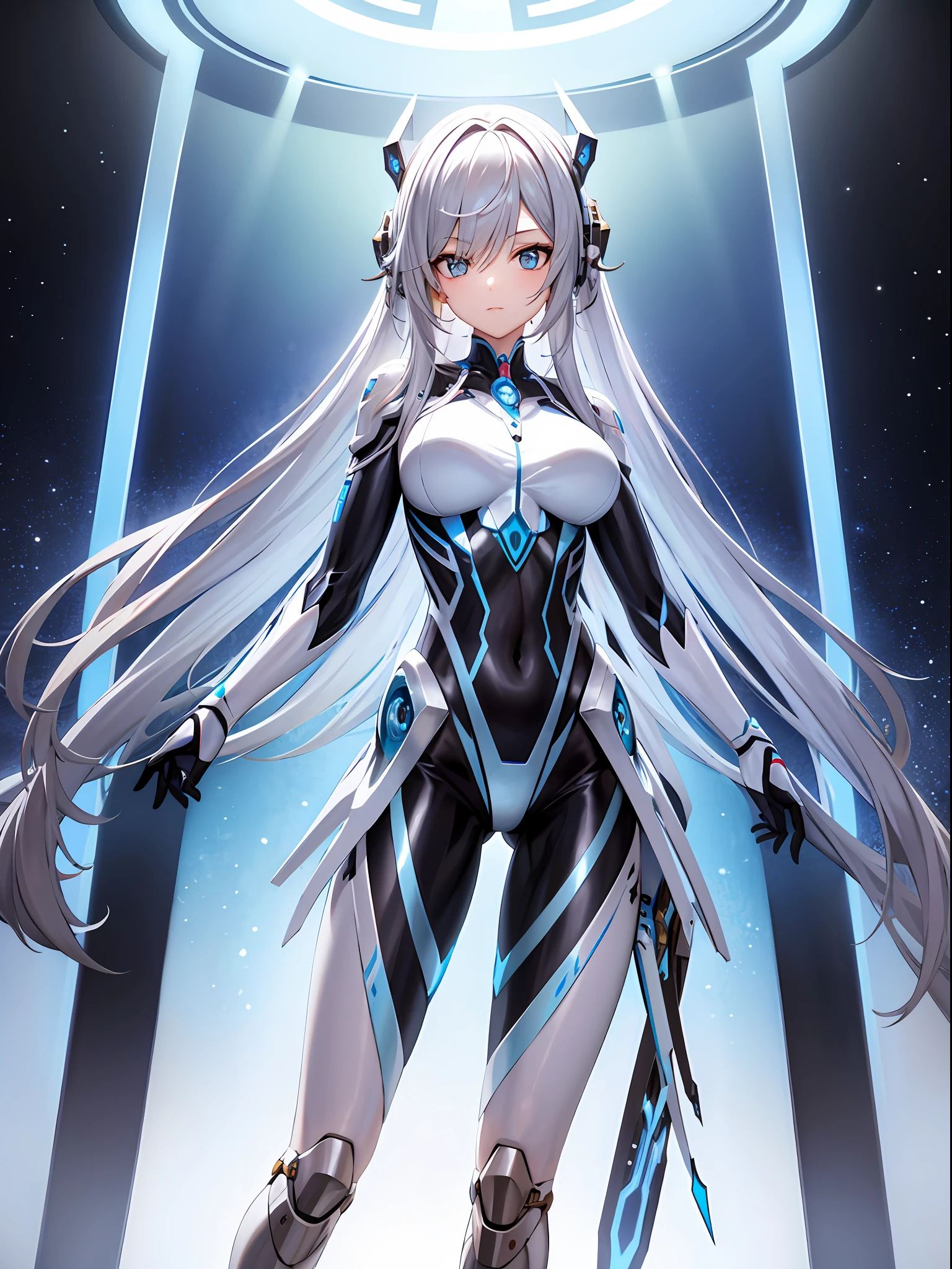 Masterpiece, best quality, 1 girl, translucent skin, light blue tights, mechanical, cinematic HD lens, space