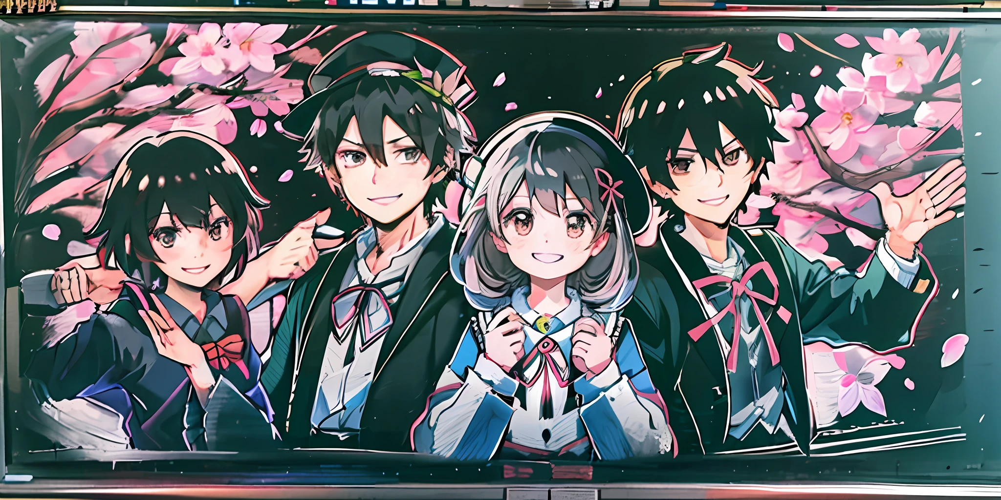 Blackboard, Traditional Media, Academic Dress, Academic Robe, Square Hat, Cherry Blossom, Smile, Multiple Boys, Detailed Uniform, Look Audience, Detailed Background