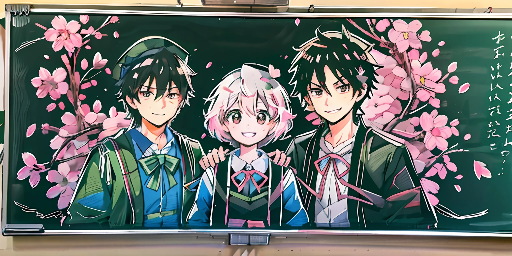 Blackboard, Traditional Media, Academic Dress, Academic Robe, Square Hat, Cherry Blossom, Smile, Multiple Boys, Detailed Uniform, Look Audience, Detailed Background