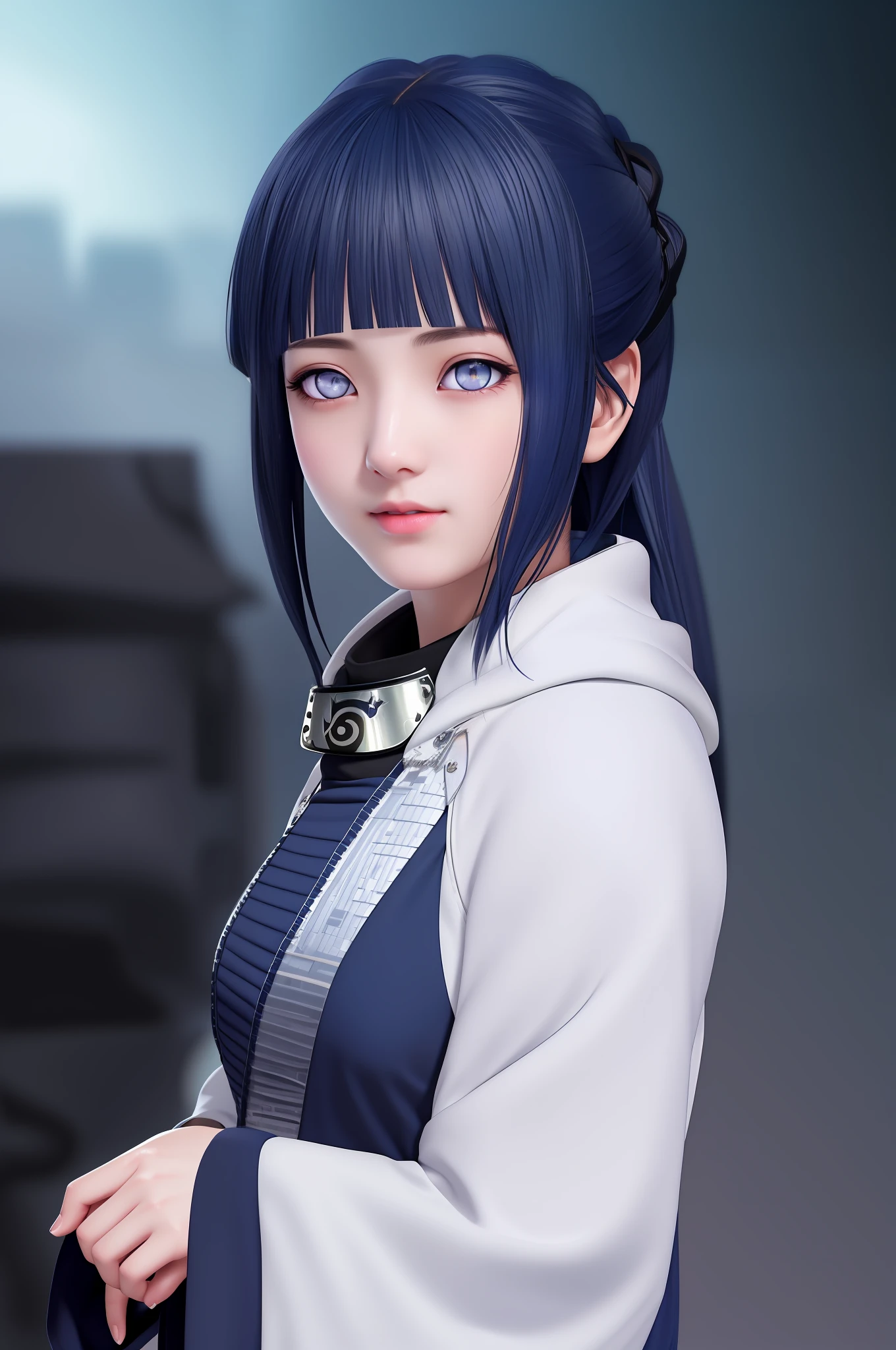 (extremely detailed CG unity 8k wallpaper), the most beautiful artwork in the world, 1girl, upper body, (((white eyes))),(((dark blue hair))),(((Konoha Ninja)))