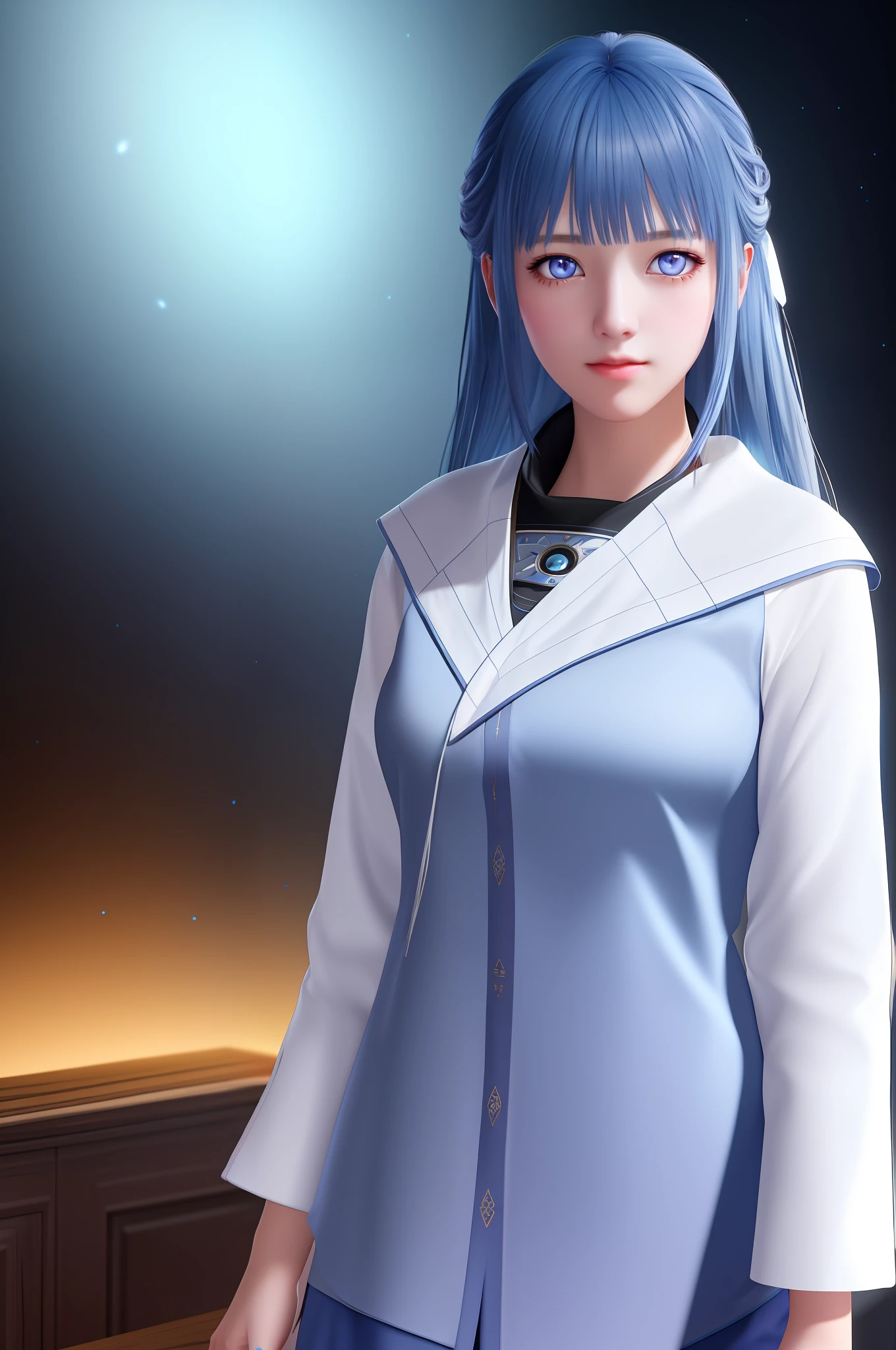 (extremely detailed CG unity 8k wallpaper), the most beautiful artwork in the world, 1girl, upper body, (((white eyes))),(((deep blue hair)))