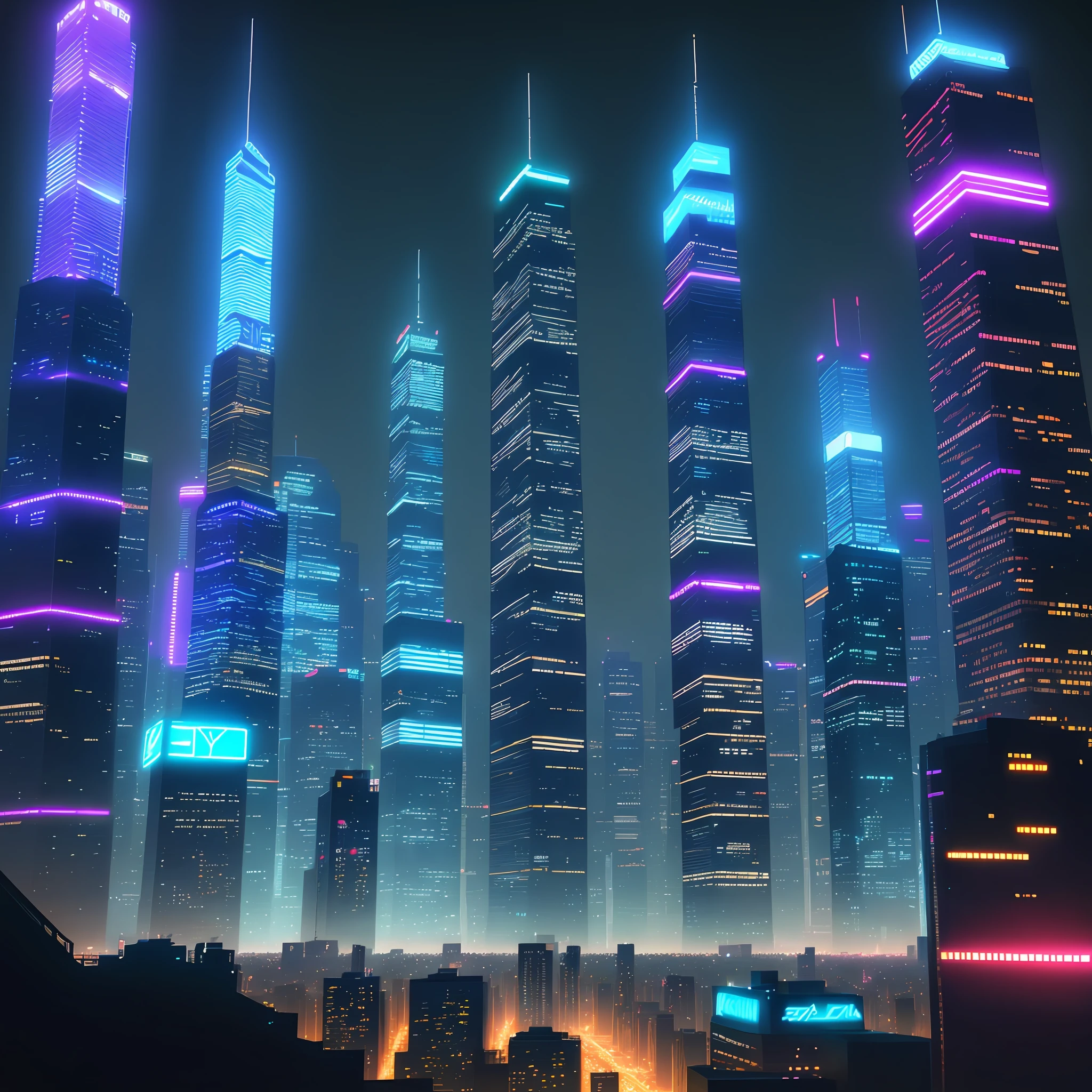Skyscrapers seen from the ground Night view Neon Cyberpunk Big city
