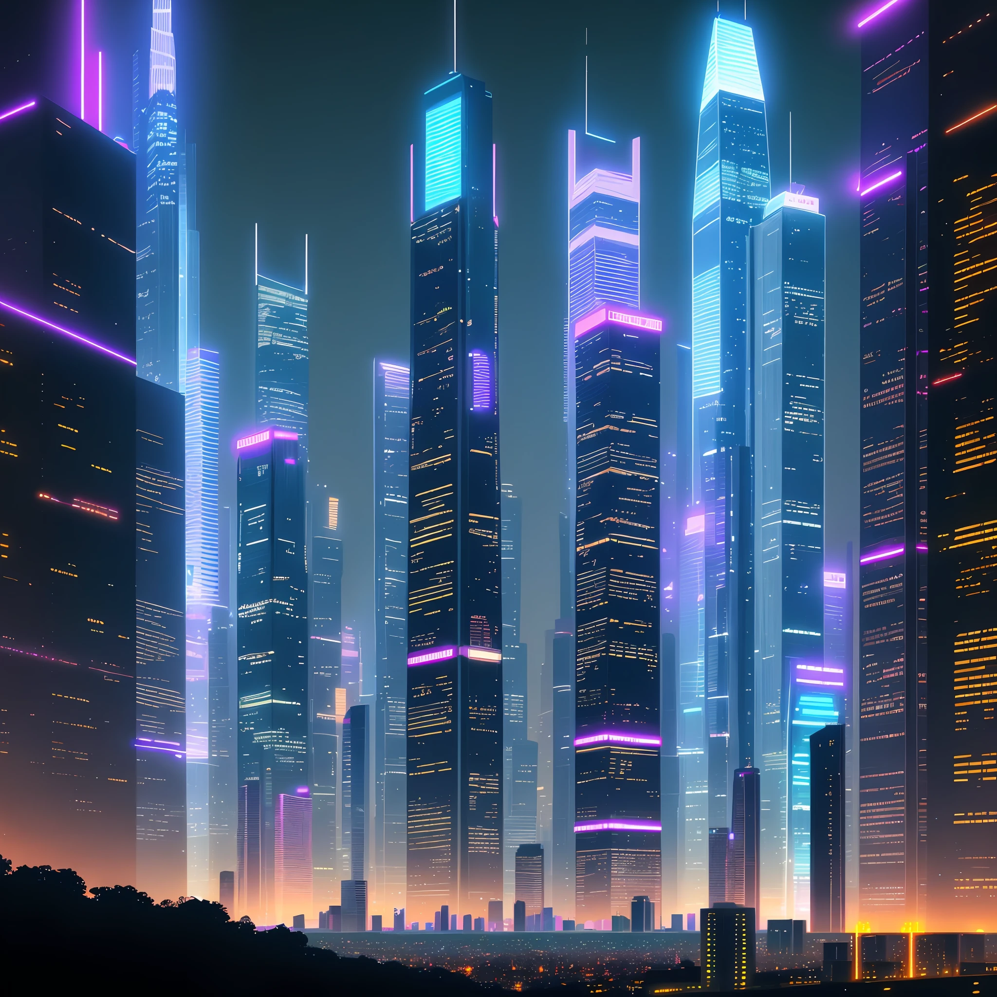 Skyscrapers seen from the ground Night view Neon Cyberpunk Big city
