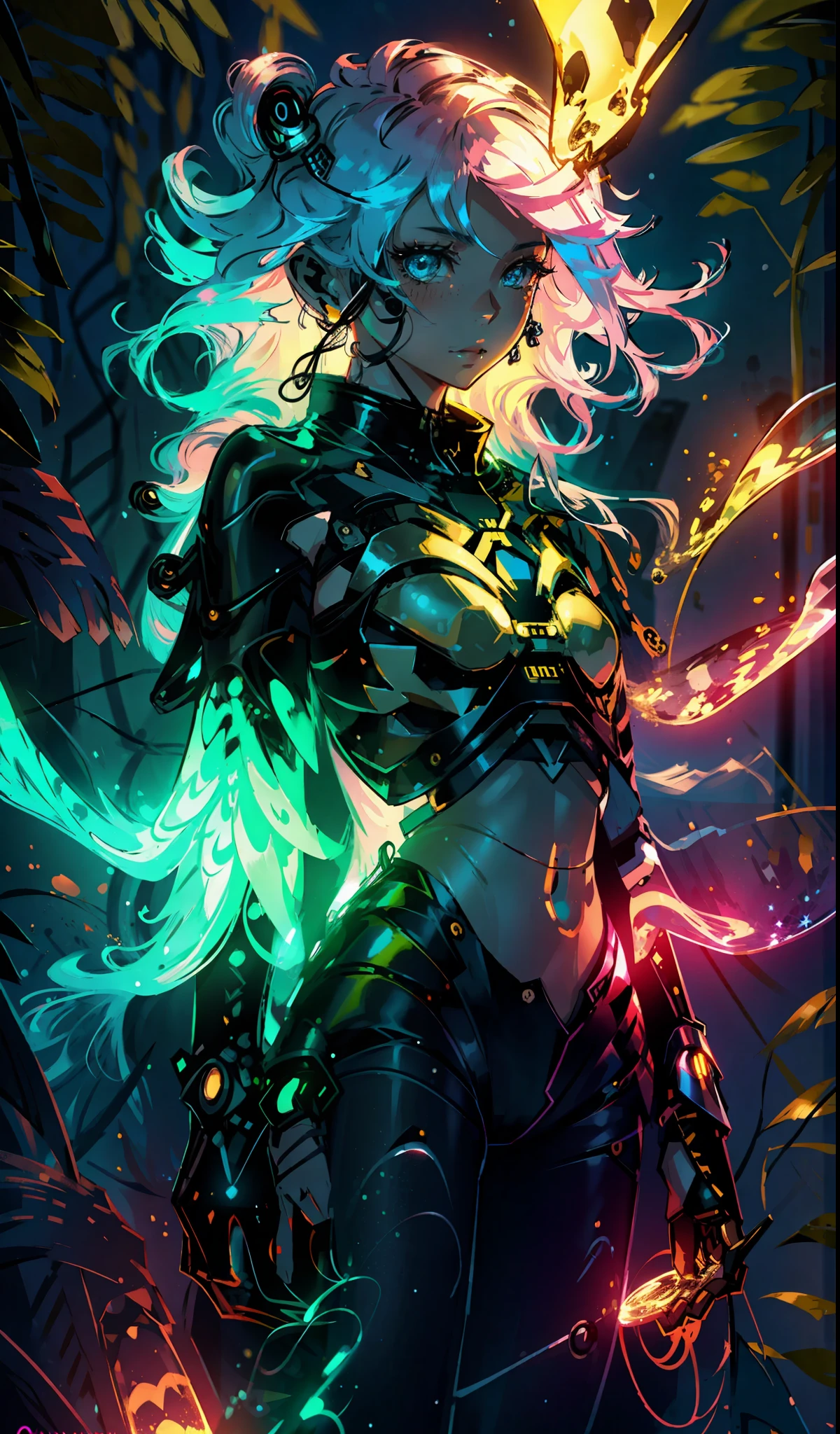 cute young woman, ultra high quality, volumetric, bioluminescence, luminism, pink-orange