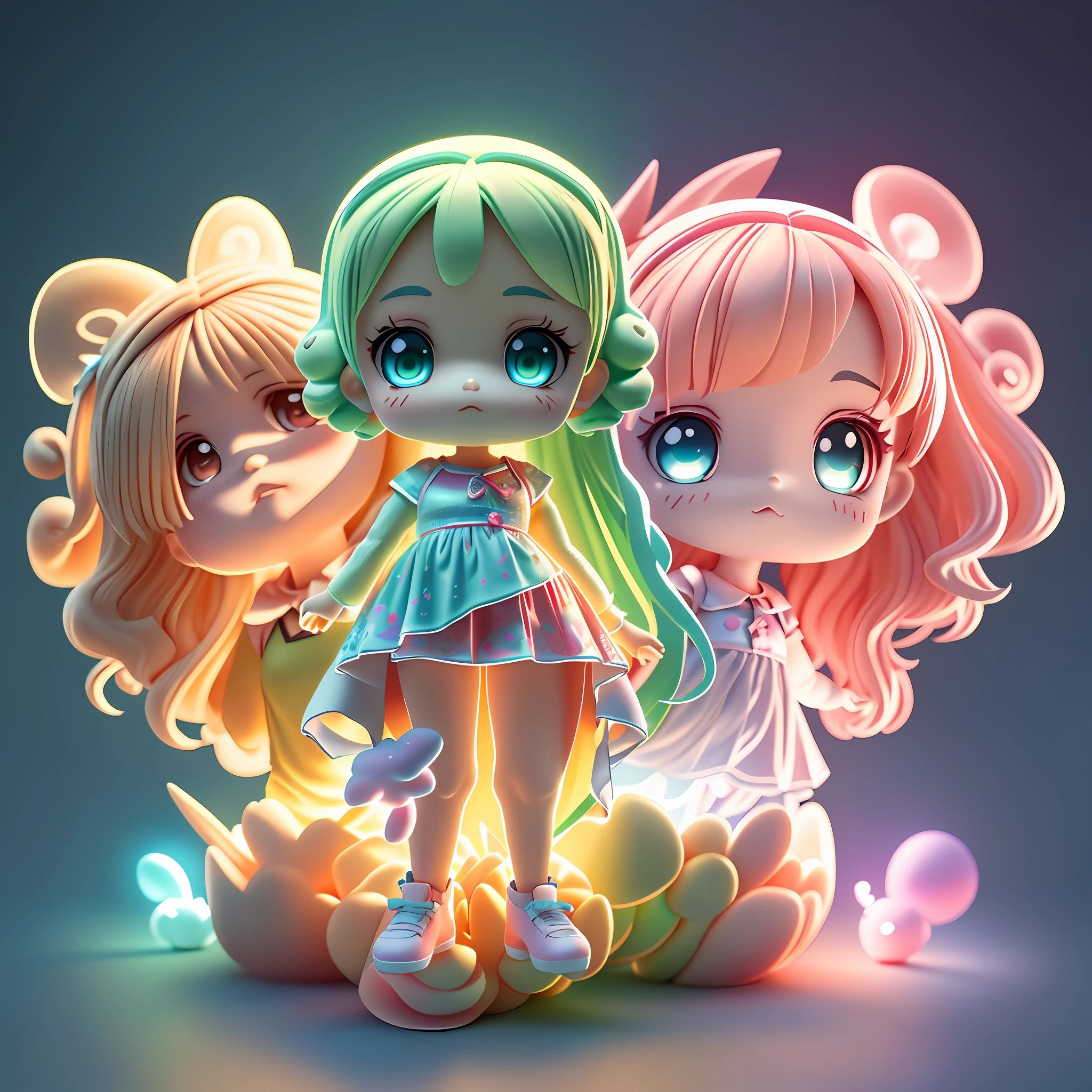 3D toy, 1 girl, (full Buddy), (((multiple views of the same character))), (three view, front view, left view, rear view,) exaggerated hair, 3d hair, beautiful eyes, big eyes with pink green gradient, pop mart, chibi, luminous body, kawaii, face features vivid, colorful, plastic, product design, glowing jelly, cute plastic mechanical parts, awesome lighting, 3d, digital art, 3d, super detailed, borderless , C4D, Octane rendering, Blender, HD, full body, simple background! ! !