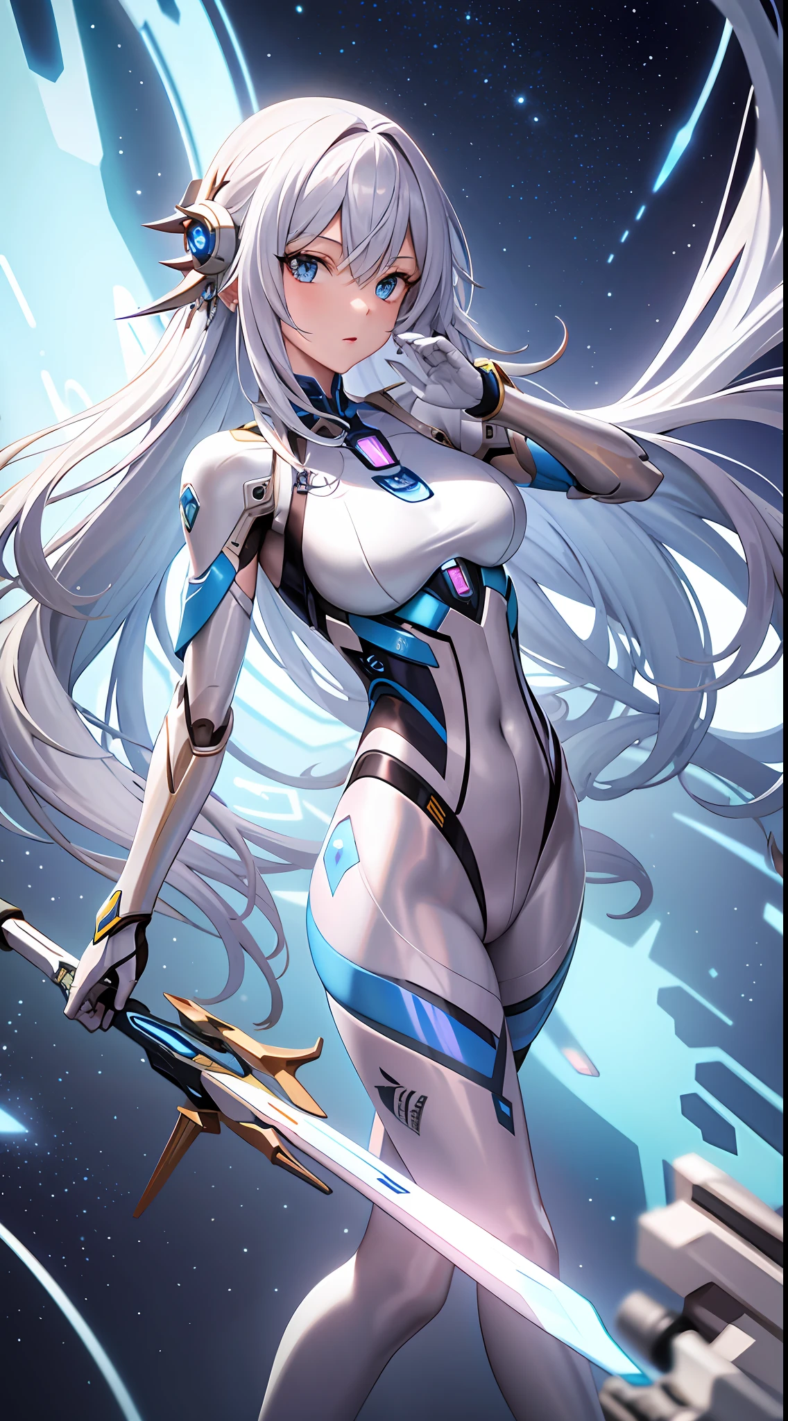 Masterpiece, best quality, 1 girl, translucent skin, light blue tights, mechanical, cinematic HD lens, space