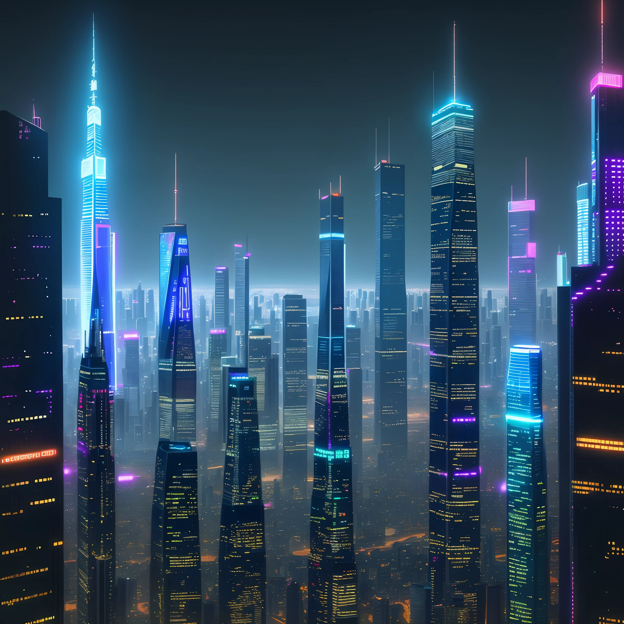 Skyscrapers seen from the ground Night view Neon Cyberpunk Big city