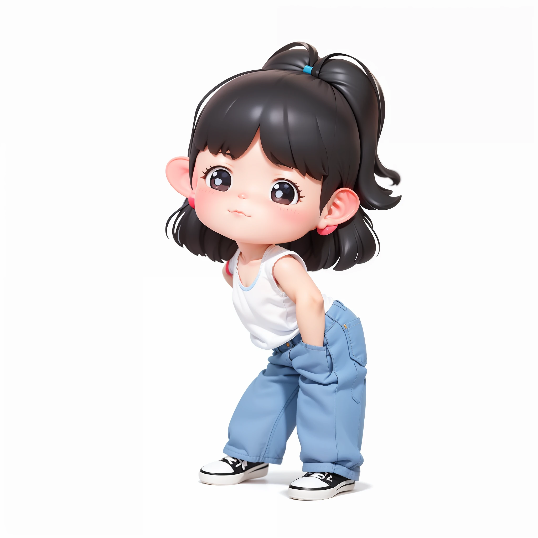 blind box toy style, a cute girl with a cute face, black hair, white undershirt, jeans, flat shoes,