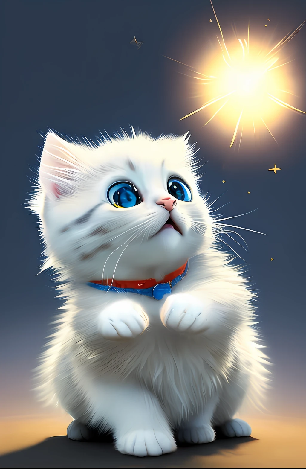 Pixar style, 3D, cute and cute white-haired kitten Superman, big eyes, laughter, excitement, floating in space, Jean-Baptiste Monge, anthropomorphic, dramatic lighting