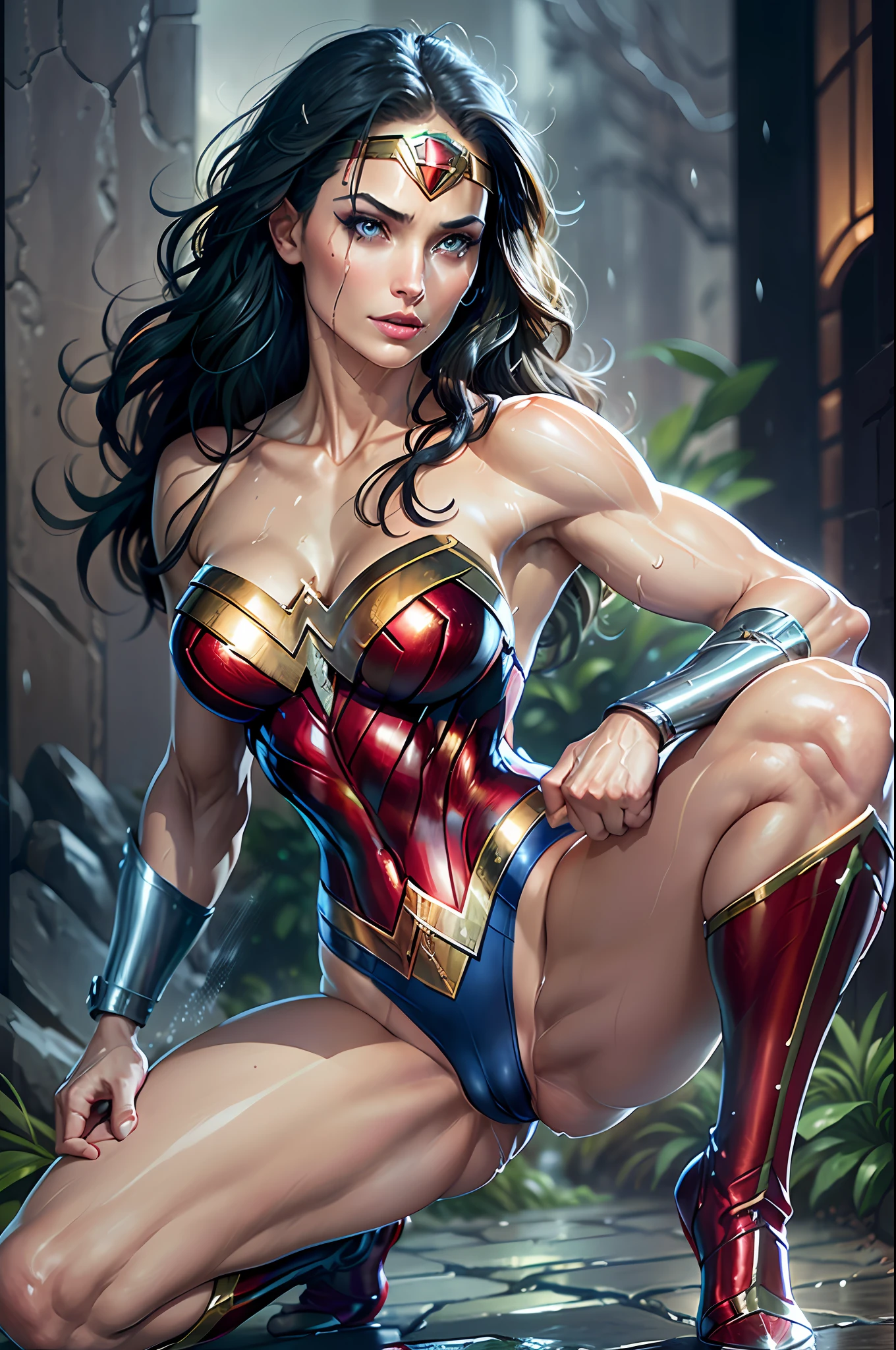 ((top quality)), (8k, RAW photo, best quality, masterpiece:1.2), (realistic, photo-realistic:1.4), Depth-Of-Field, (Victoria's Secret Model Wonder Woman), Wonder Woman, 1girl, single, solo, full body, from side, fighting stance, ((clenching fists)), ((empty hands, hold nothing)), serious, parted lips, (intricate details, makeup), (delicate and beautiful delicate face, delicate and beautiful delicate eyes, face with perfect proportions), (realistic moist skin: 1.0), (drenched body: 1.2), (wet skin), wet hair, high-detail skin, delicate skin, best proportions four fingers and one thumb, strong and realistic blue eyes, realistic black hair, lips, makeup, natural skin texture, tiara, leotard, bulletproof cuffs, red boots, (public clothing:1.3), slightly sunburned skin tone, mature, sexy, elastic muscles, (muscles:1.2), ((strong and healthy body)), ((((more) muscles))), long legs, curves, thick thighs, wide buttocks, thin legs, (big breasts: 1.2), thin waist, soft waist, (delicate skin), (beautiful and sexy woman), (swollen lips:0.9), (eyelashes:1.2), very delicate muscle definition, rain forest, night, rain, ((wet)), professional lighting, photon mapping, radiosity, physically-based rending, detailed background, (storm cloud:0.7), (stormy weather:0.5),