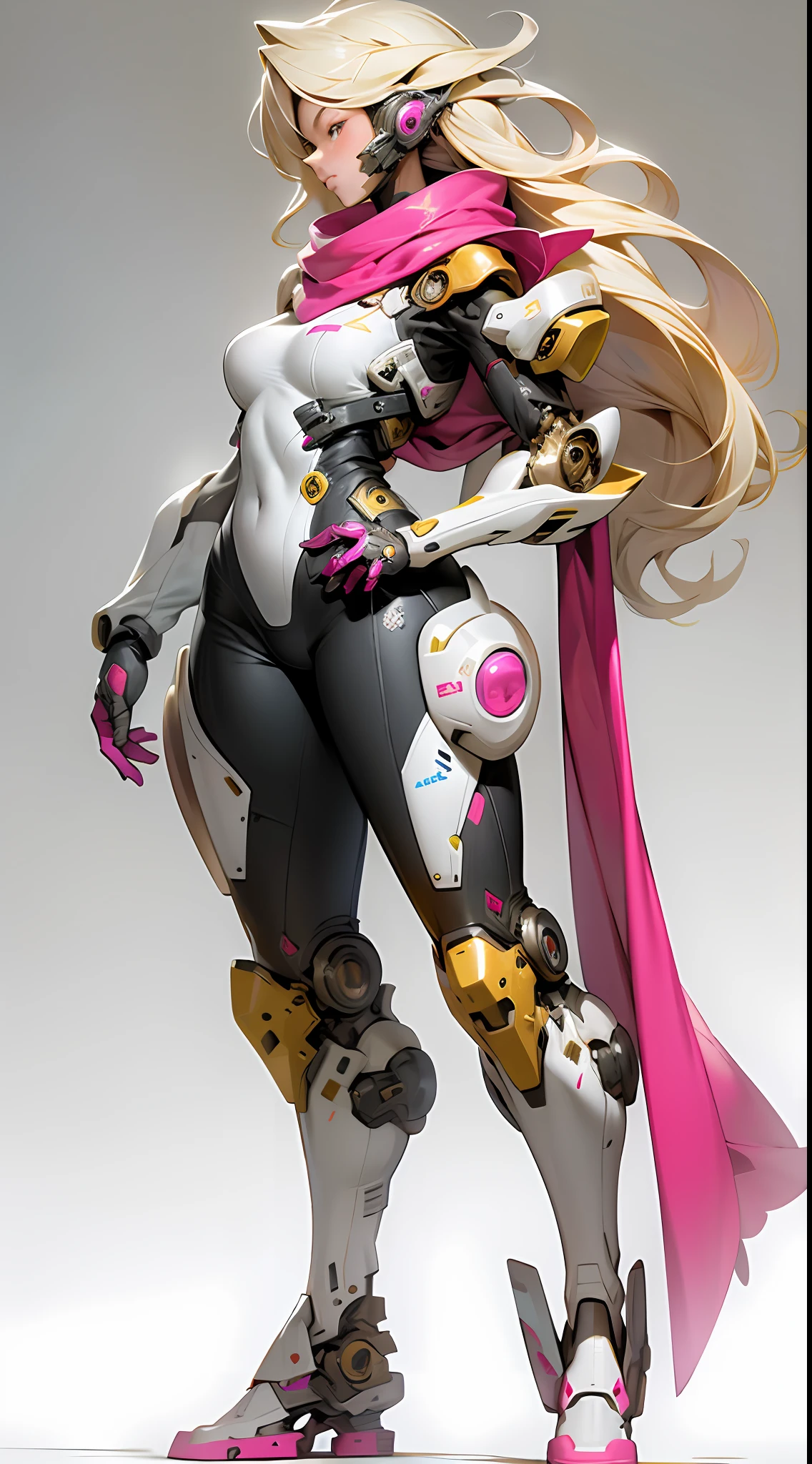 masterpiece, best quality, 1girl, bodysuit, full body , long hair, blonde hair, mechanical arms, medium breasts, pink scarf, science fiction, solo, standing,  simple background