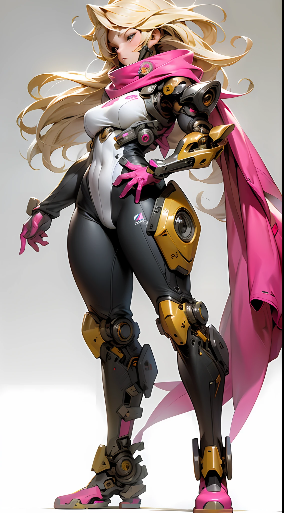 masterpiece, best quality, 1girl, bodysuit, full body , long hair, blonde hair, mechanical arms, medium breasts, pink scarf, science fiction, solo, standing, simple background