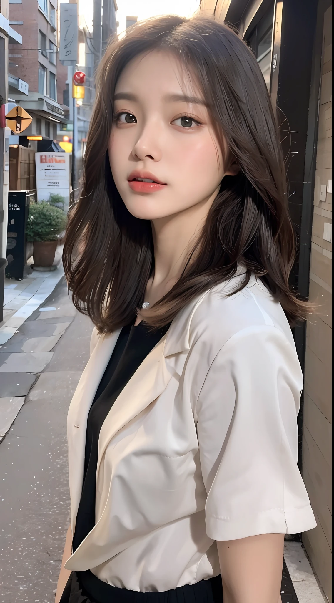 ((Best Quality, 8K, Masterpiece: 1.3)), (Stepmother Skirt: 1.5), Focus: 1.2, Perfect Body Beauty: 1.4, Buttocks: 1.2, (Layered Haircut: 1.2)), (Dark Street: 1.3), Highly detailed face and skin texture, Full body, delicate eyes, Double eyelids, whitening skin, long hair, (round face: 1.5),