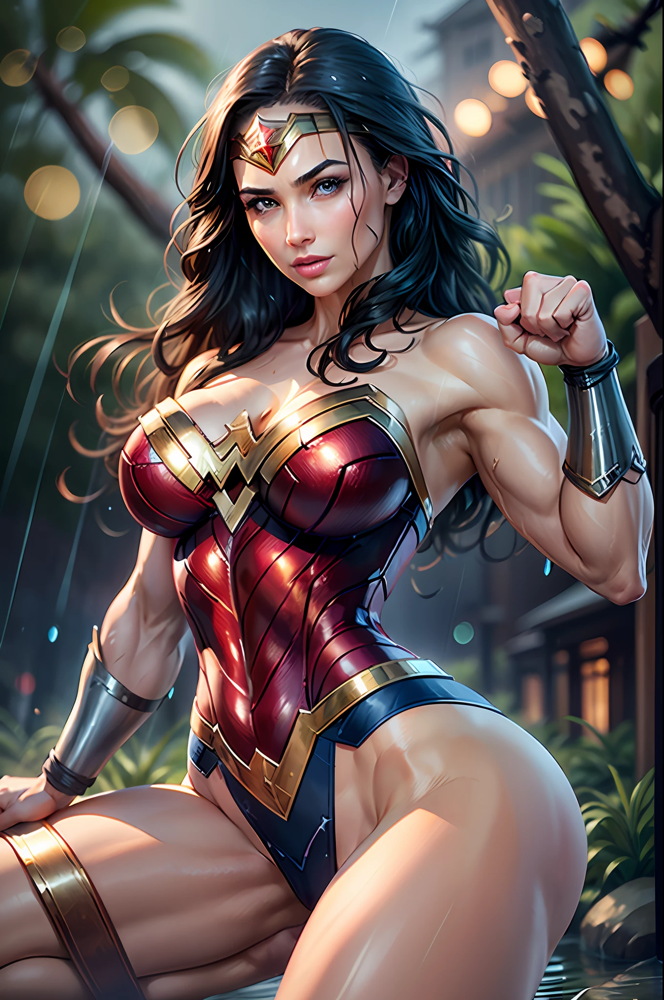 ((top quality)), (8k, RAW photo, best quality, masterpiece:1.2), (realistic, photo-realistic:1.4), Depth-Of-Field, (Victoria's Secret Model Wonder Woman), Wonder Woman, 1girl, single, solo, full body, from side, fighting stance, ((clenching fists)), ((empty hands, hold nothing)), serious, parted lips, (intricate details, makeup), (delicate and beautiful delicate face, delicate and beautiful delicate eyes, face with perfect proportions), (realistic moist skin: 1.0), (drenched body: 1.2), (wet skin), wet hair, high-detail skin, delicate skin, best proportions four fingers and one thumb, strong and realistic blue eyes, realistic black hair, lips, makeup, natural skin texture, tiara, leotard, bulletproof cuffs, red boots, (public clothing:1.3), slightly sunburned skin tone, , sexy, stic muscles, (muscles:1.2), ((strong and healthy body)), ((((more) muscles))), long legs, curves, thick thighs, wide buttocks,gs, (big breasts: 1.2)t, soft waist, (delicate skin), (beautiful and sexy woman), (swollen lips:0, (eyelashes:1.2), very delicate muscle definition, rain forest, night, rain, ((wet)), professional lighting, photon mapping, radiosity, physically-based rending, detailed background, (storm cloud:0.7), (stormy weather:0.5),