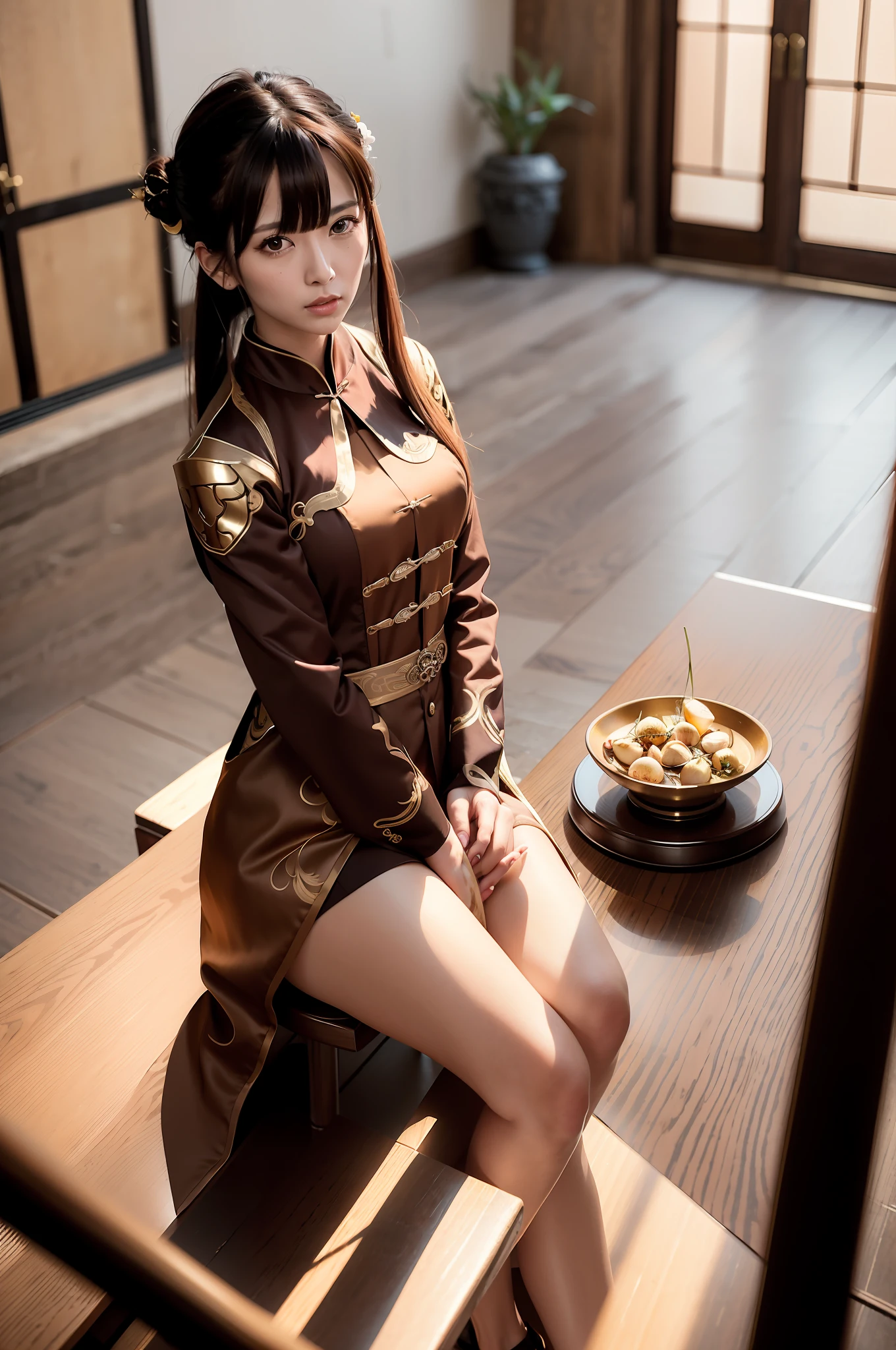 Zhongli (genshin impact), (masterpiece), (illustration), (extremely fine and beautiful), perfect
cinematic angle,
detailed, photorealistic,
beautiful and clear background

1 mature woman, (mature:1.1)，detailed beautiful eyes, calm face, ancient China，
Ancient empress , sharp eyes, amber pupils, calm face, mature face 
in a palace, dressed in a luxurious brown robe with forked hair, long hair, long bangs, high ponytail, dignified, elegant,brown and gold color 

Sitting on a high stool,